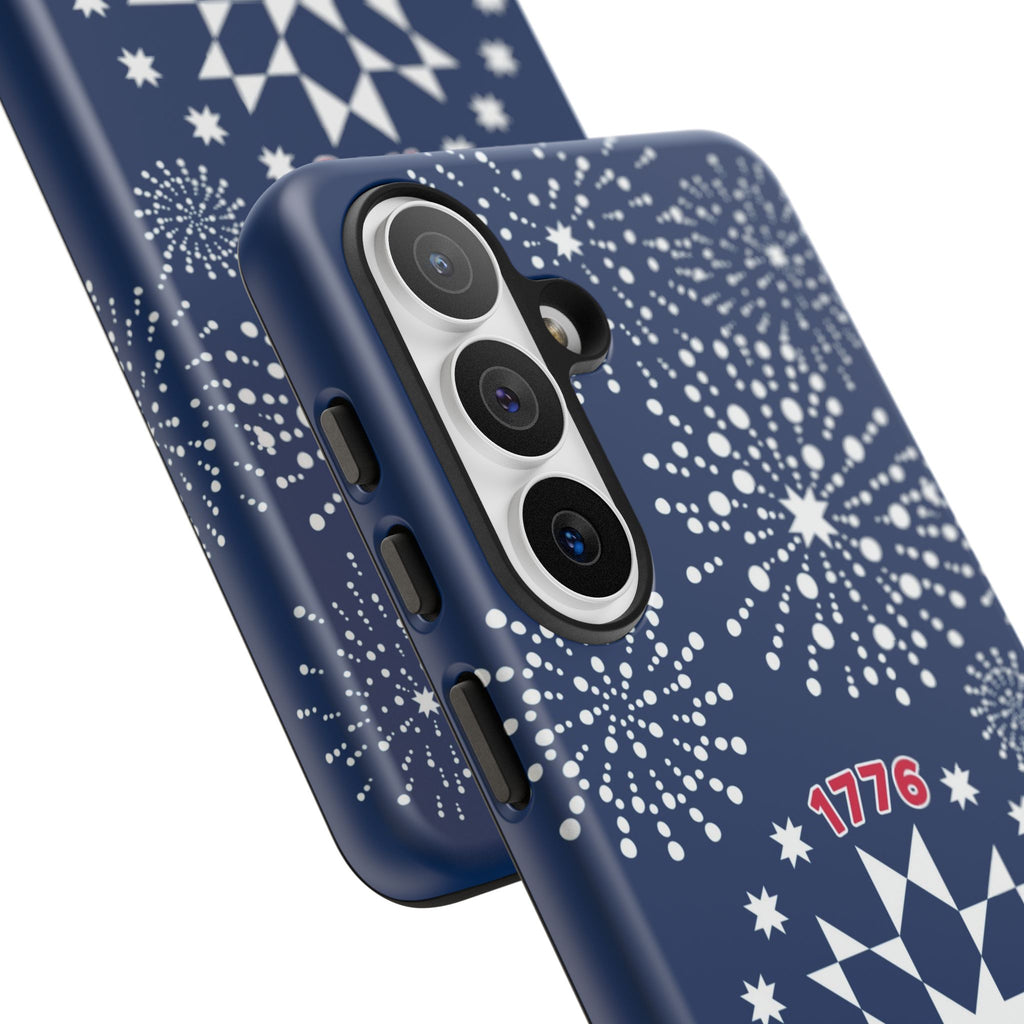 250th Fireworks Samsung Galaxy S26 Case Matte – side view of buttons and camera cut-out in case in navy, white patriotic star quilt fireworks print