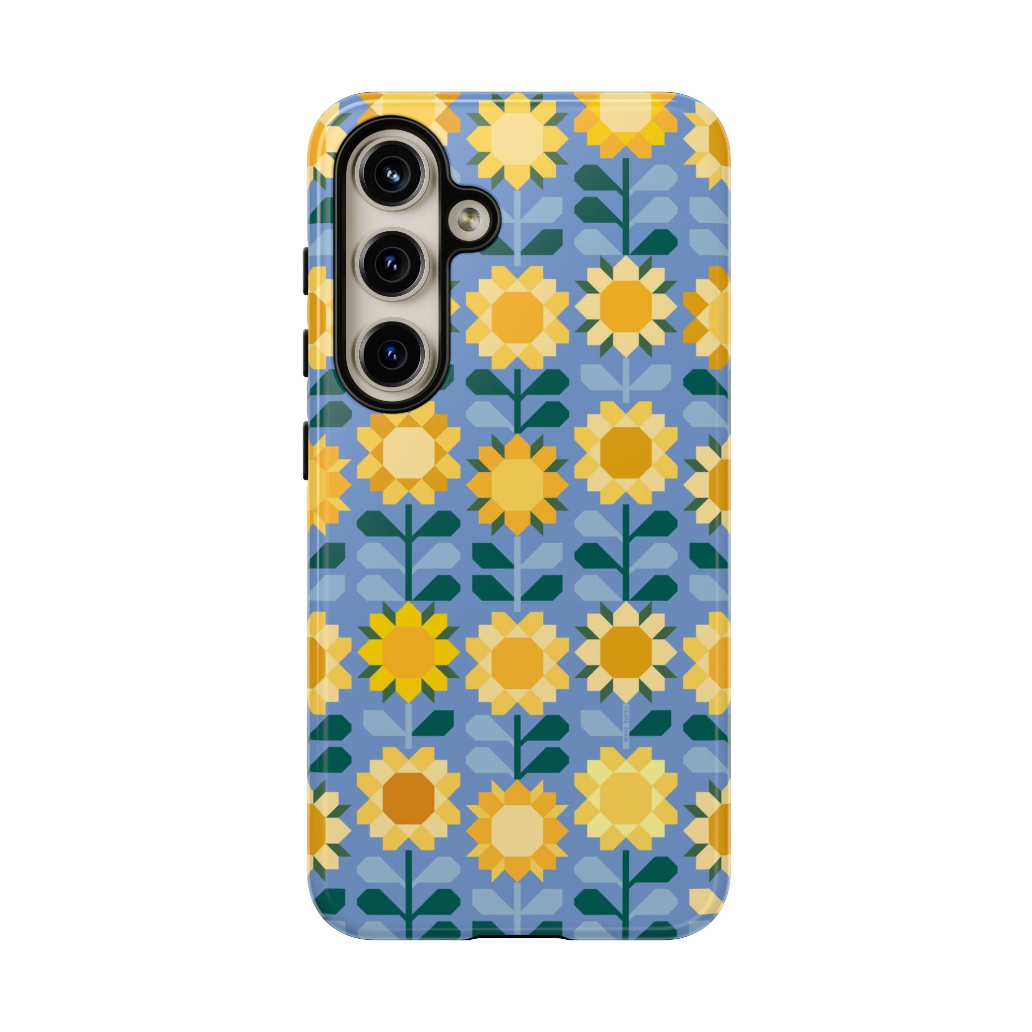 Luxury Sunflowers Samsung Galaxy S24  Case – Glossy | blue, yellow, gold geometric sunflower print 