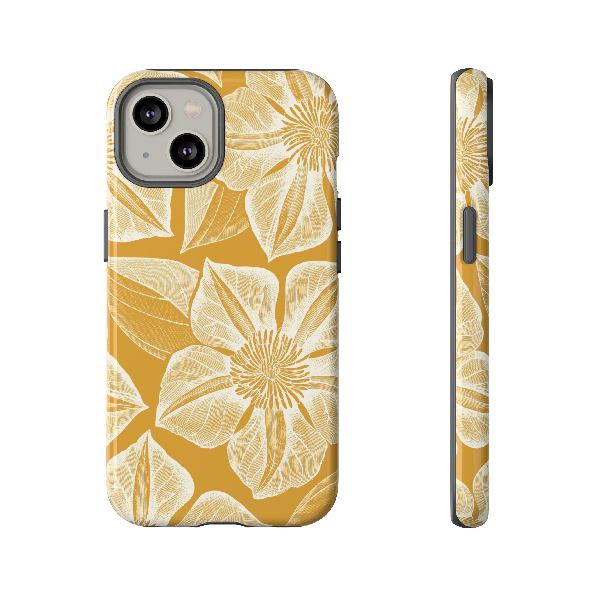 Vintage Bloom Gold iPhone 14 case – Glossy | gold ground, large-scale cream clematis print, engraved petal detail, dual-layer protection