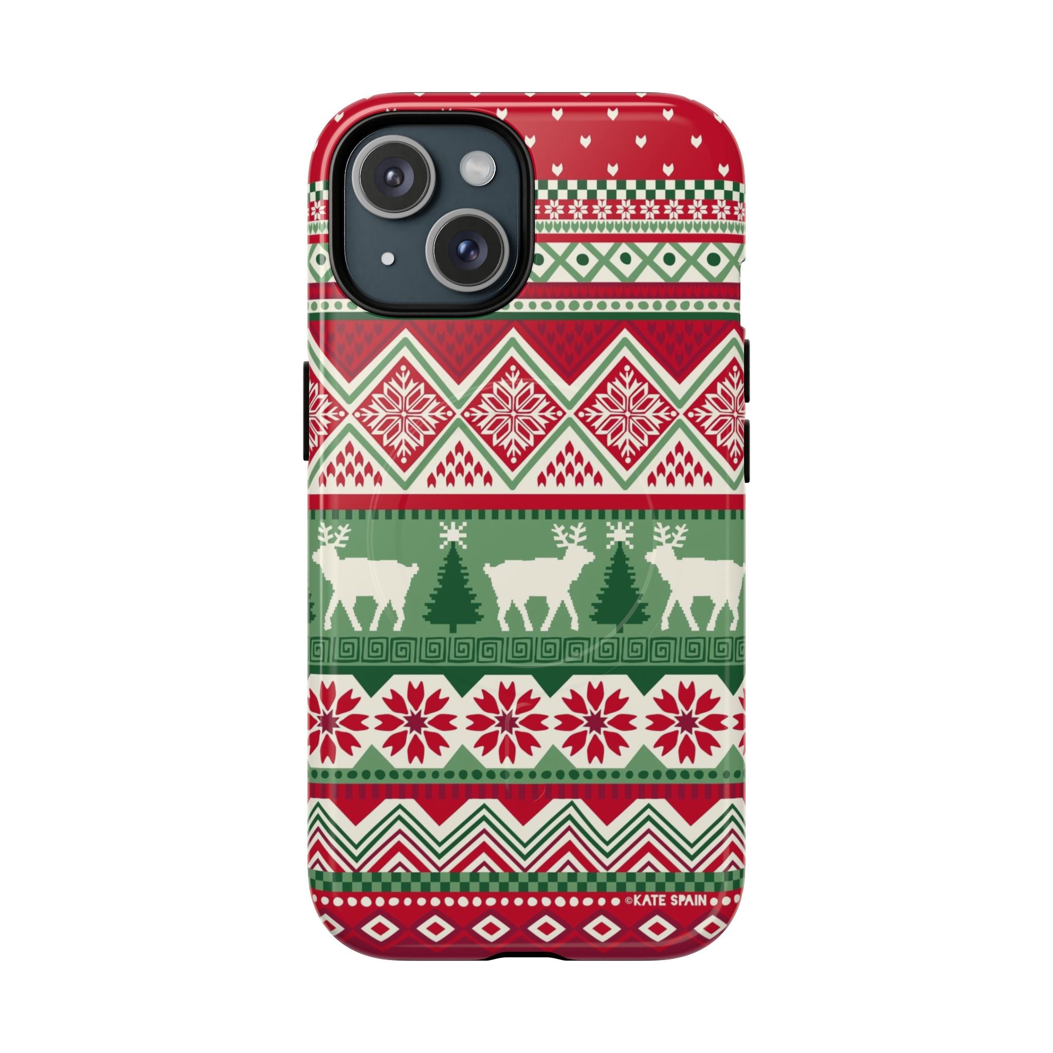 Telemark MagSafe iPhone 15 Case – Glossy | red, green, and cream fair isle Christmas sweater print with snowflakes, reindeer, and trees