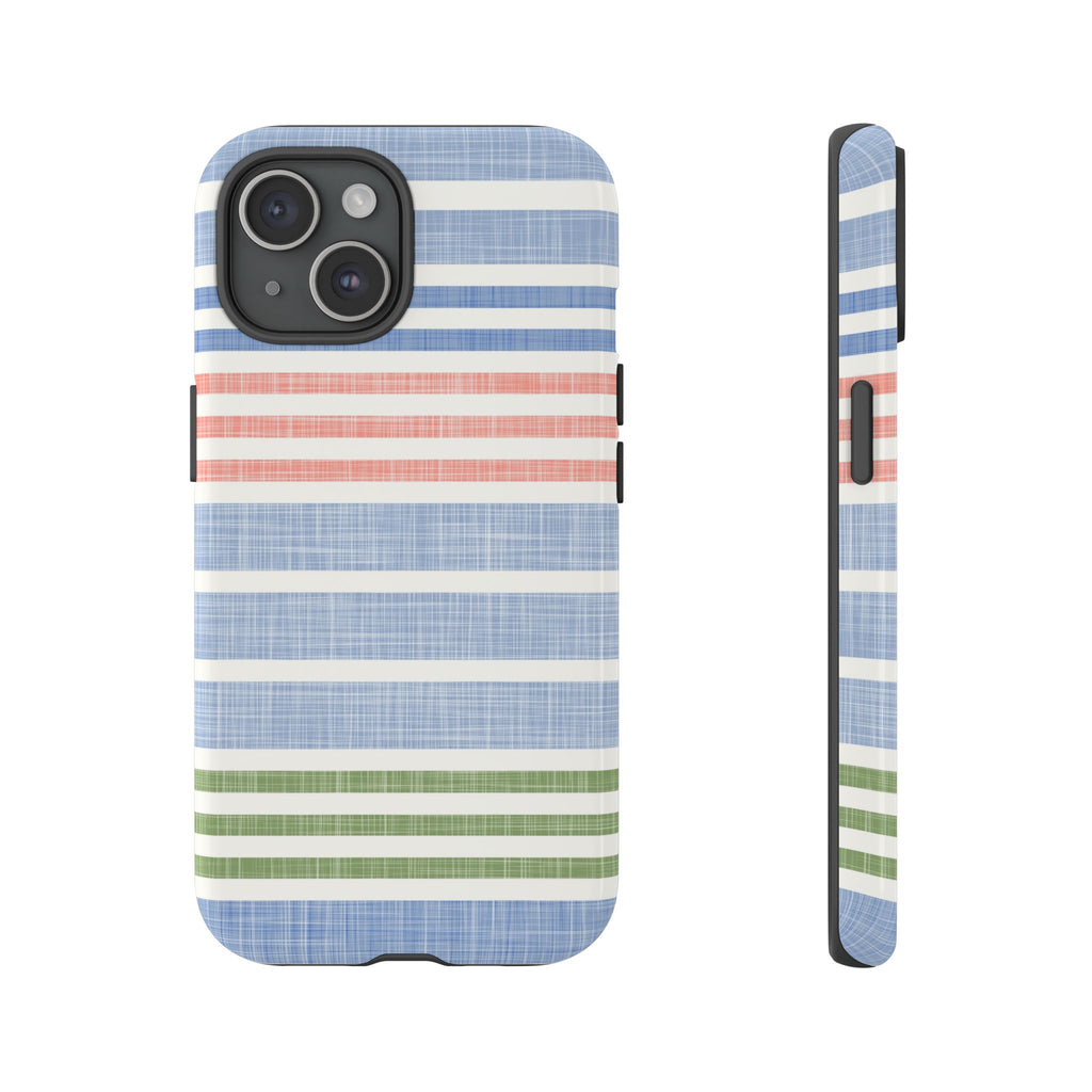 Cabana Stripe Pastel Tough iPhone 15 Case – Glossy | soft blue, coral, sage green chambray-textured stripe print dual-layer protection