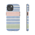 Cabana Stripe Pastel Tough iPhone 15 Case – Glossy | soft blue, coral, sage green chambray-textured stripe print dual-layer protection