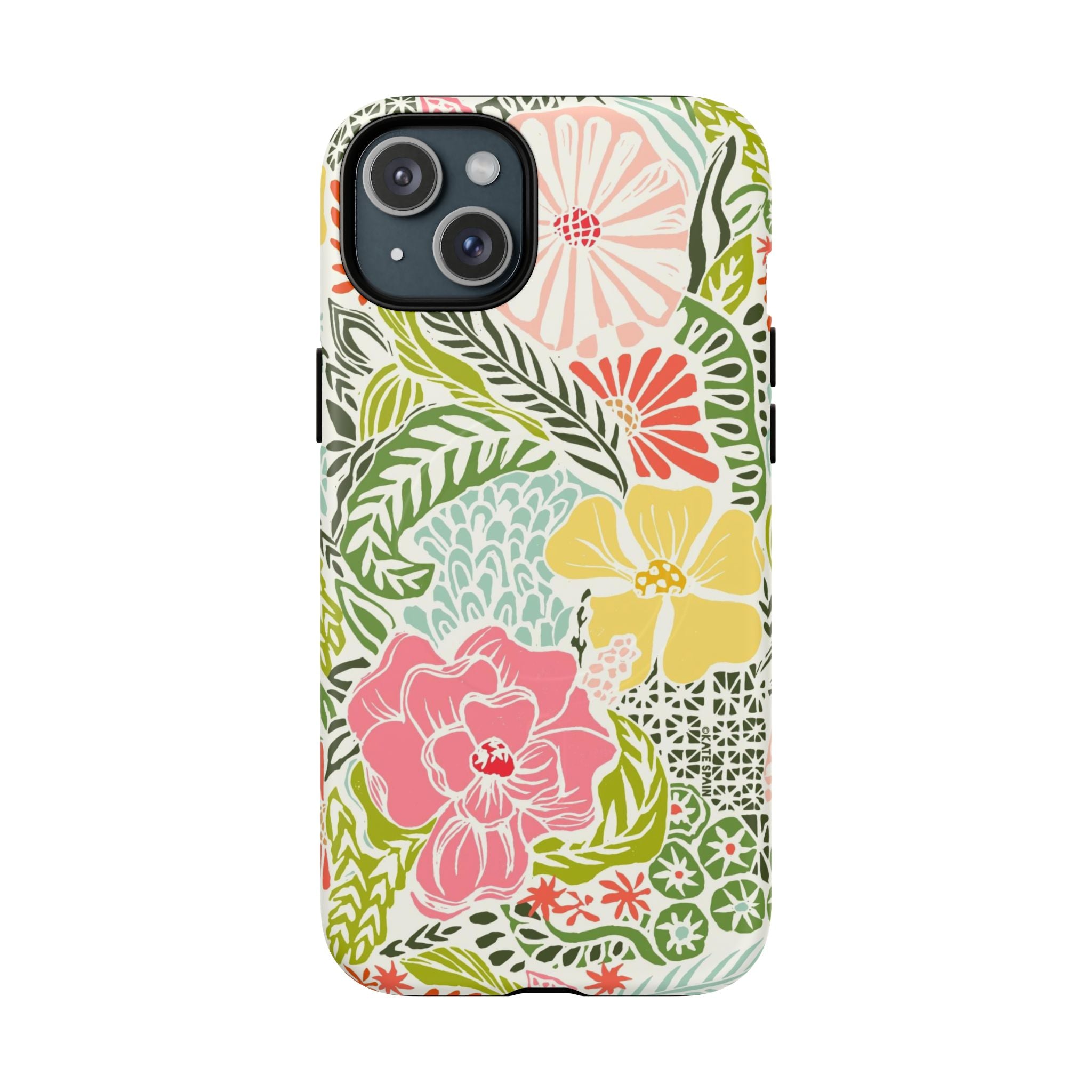 Tropica MagSafe iPhone 15 Plus Case – Matte | yellow, coral, pink, green botanical tropical floral print