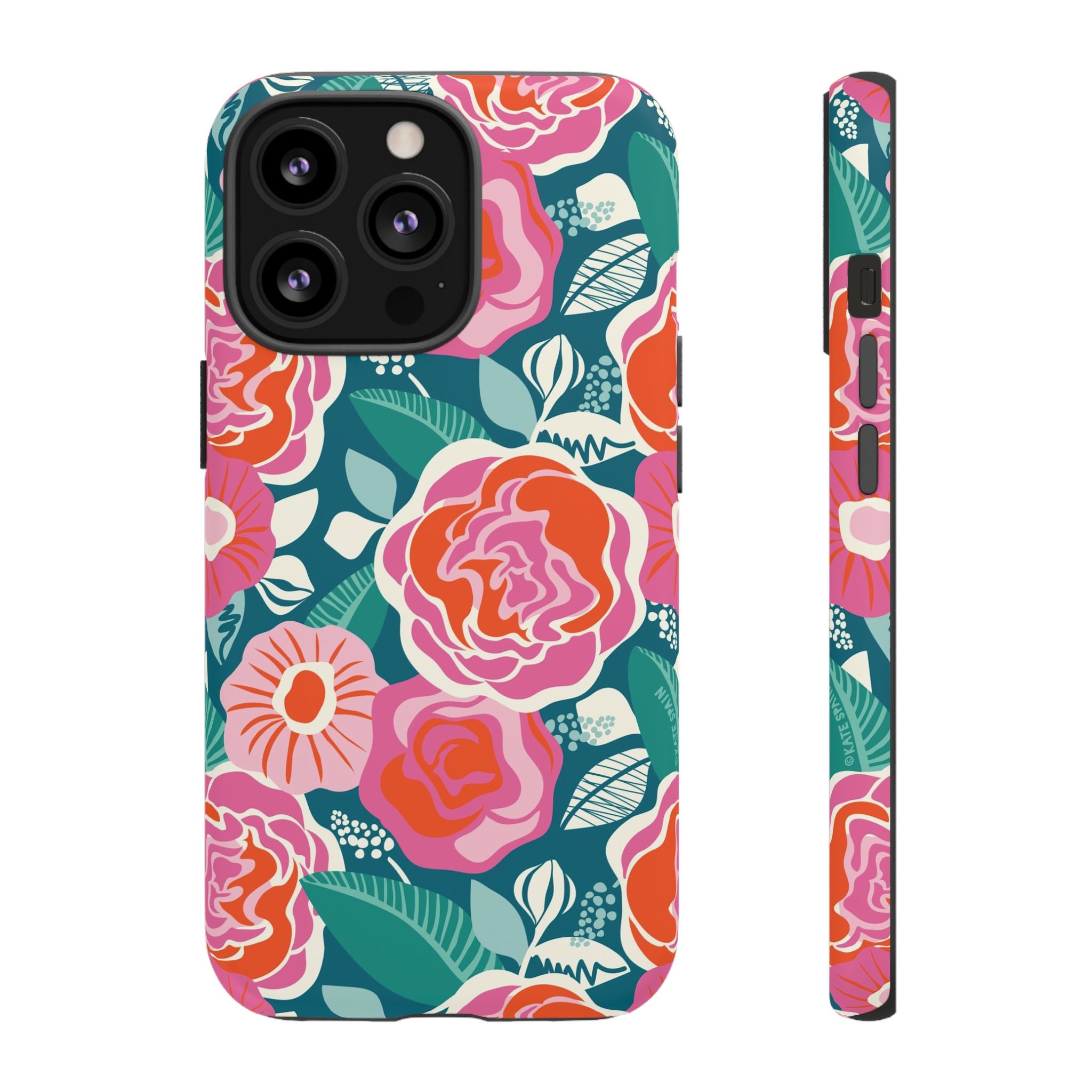 Tea Rose Teal Tough iPhone 13 Pro Case – Matte | teal, coral, pink botanical rose floral print