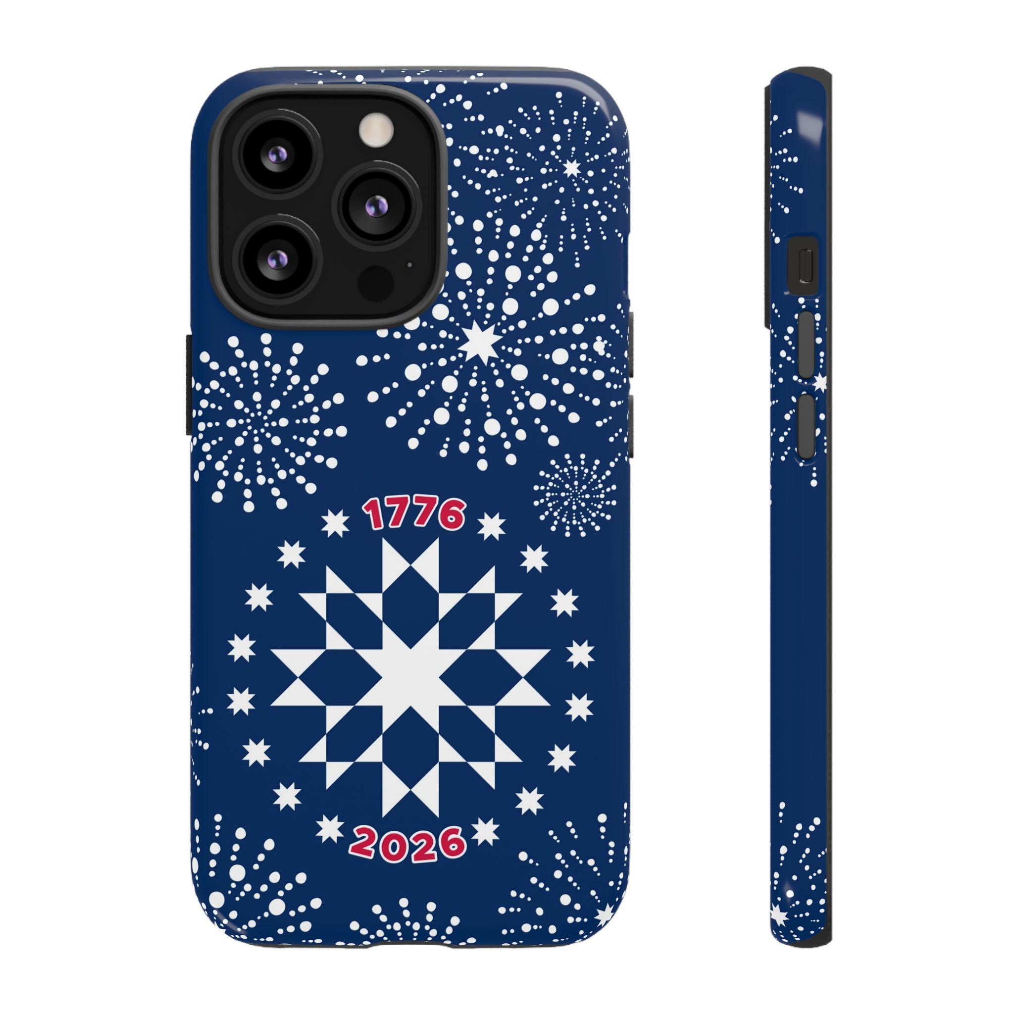 250th Fireworks Tough iPhone 13 Pro Case – Glossy | navy, white patriotic star quilt fireworks print