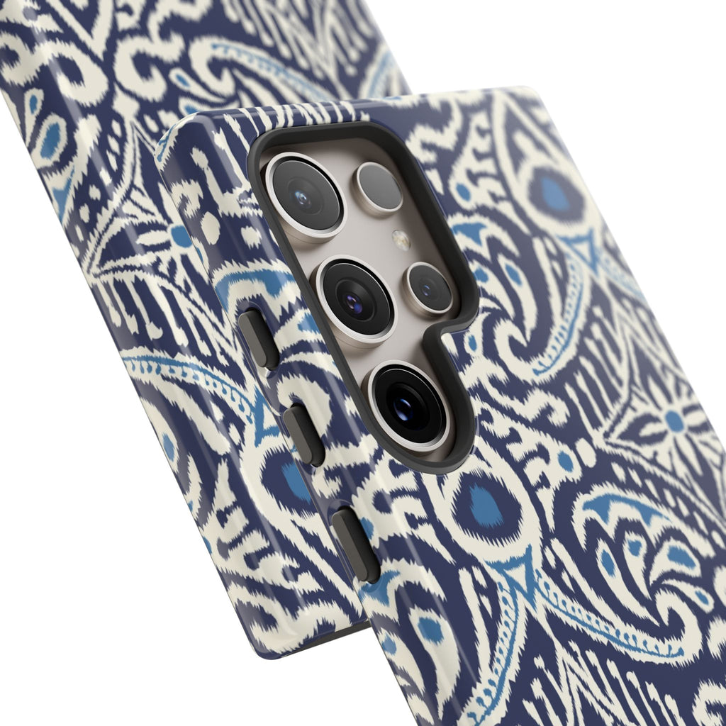 Luxury Ikat Samsung Galaxy S24 Ultra Case – Glossy | close-up of 5 lenses in camera of case in navy, white, aqua ikat geometric medallion print