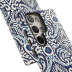 Luxury Ikat Samsung Galaxy S24 Ultra Case – Glossy | close-up of 5 lenses in camera of case in navy, white, aqua ikat geometric medallion print