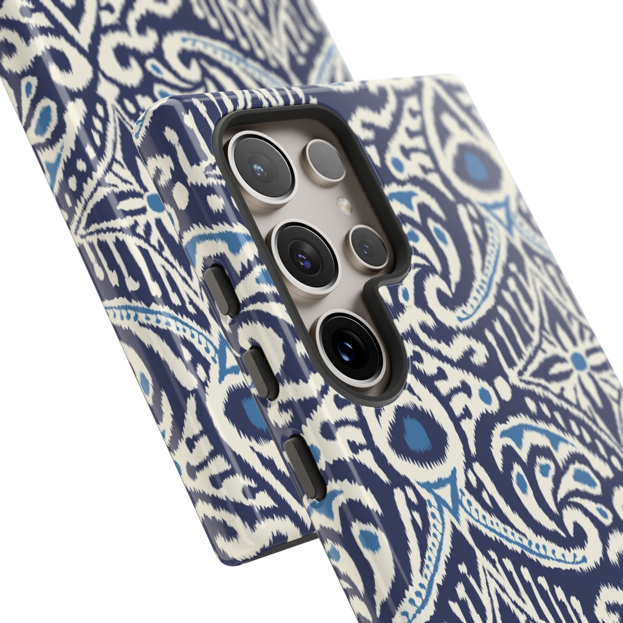 Luxury Ikat Samsung Galaxy S24 Ultra Case – Glossy | close-up of 5 lenses in camera of case in navy, white, aqua ikat geometric medallion print