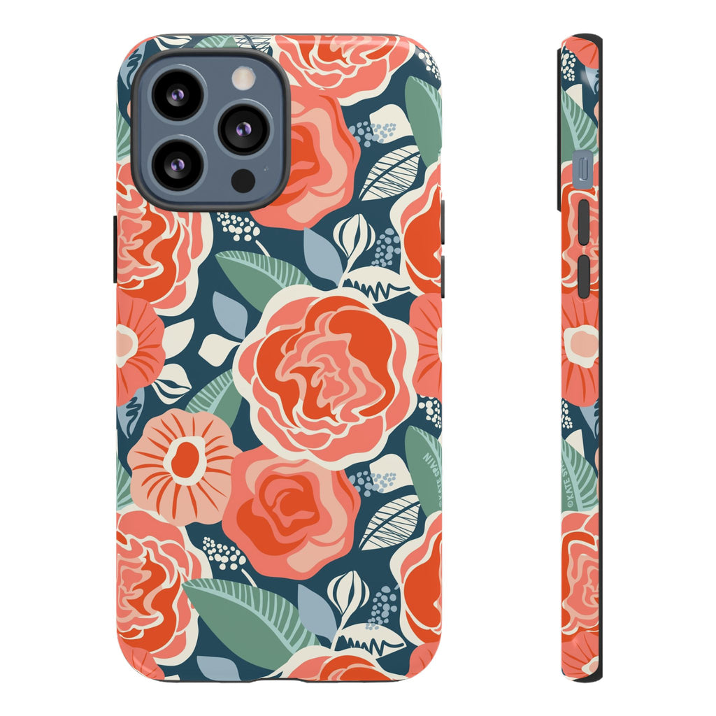 Tea Rose Navy Tough iPhone 13 Pro Max Case – Matte | navy, coral, pink, cream rose floral print