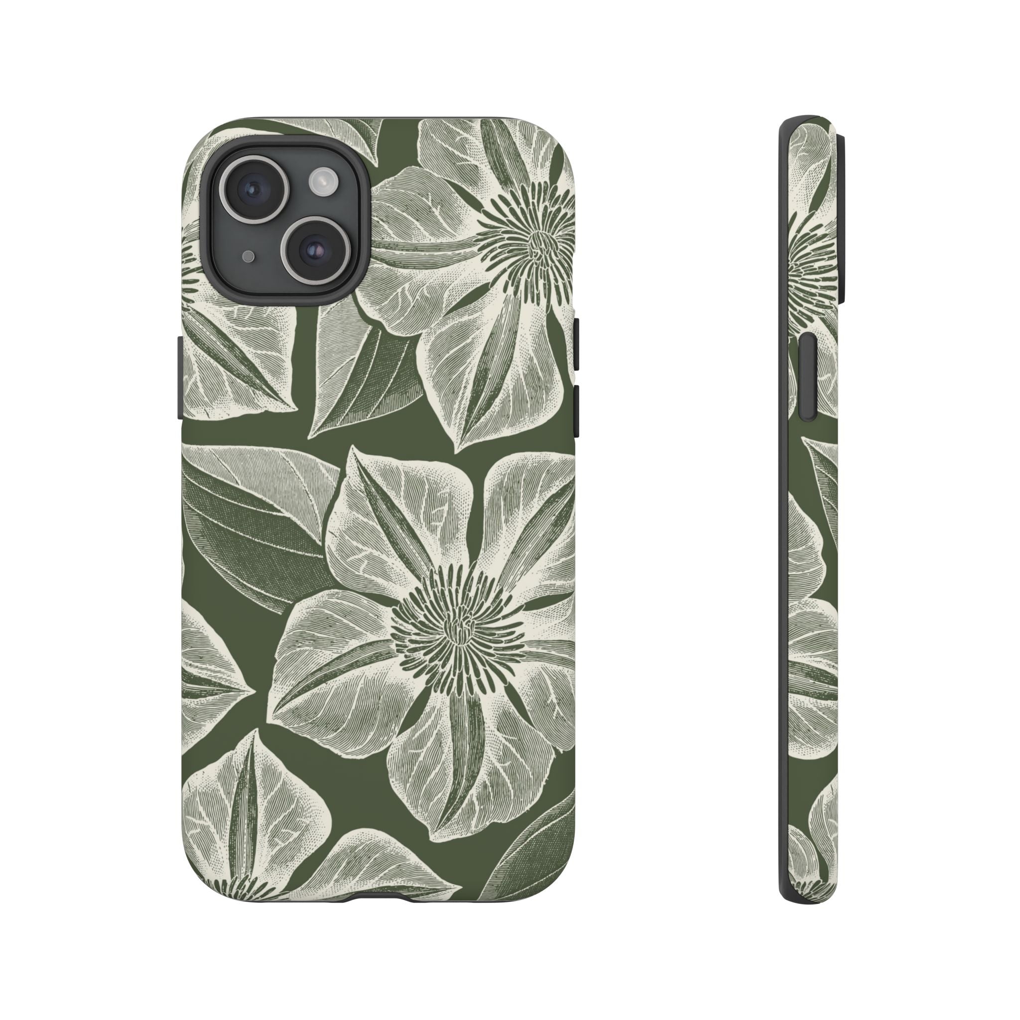 Vintage Bloom Cypress iPhone 15 Plus case – Matte | cypress green ground, large-scale white clematis print, engraved petal detail, dual-layer protection