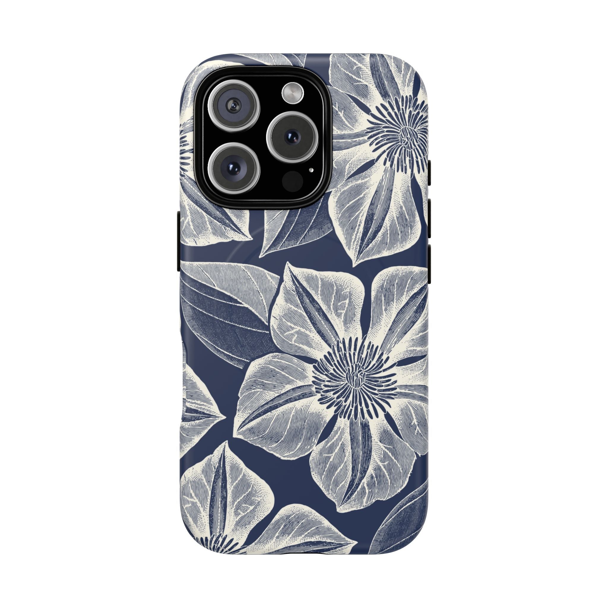 Vintage Bloom Navy MagSafe iPhone 16 Pro Case – Matte  | navy ground, large-scale white clematis print, engraved petal detail, dual-layer protection