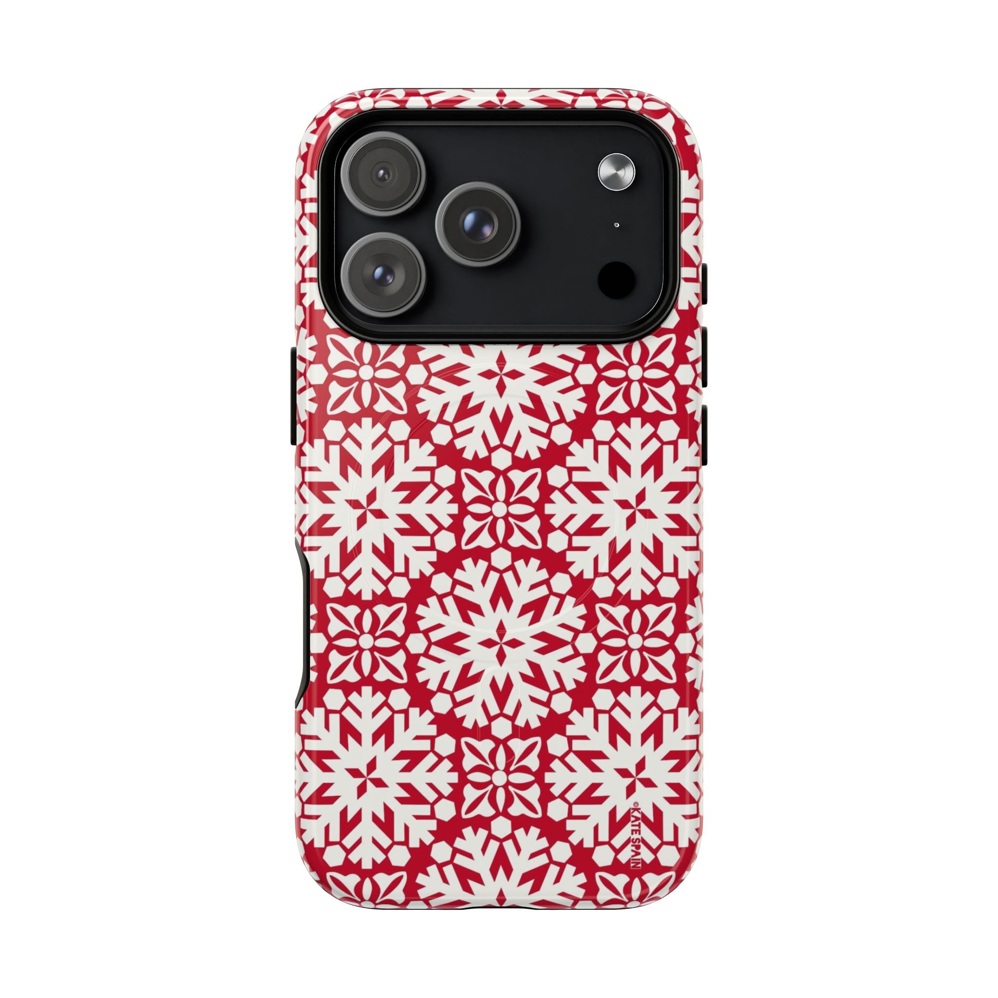 Flurry MagSafe iPhone 17 Pro Case – Glossy | red and cream geometric snowflake tile print