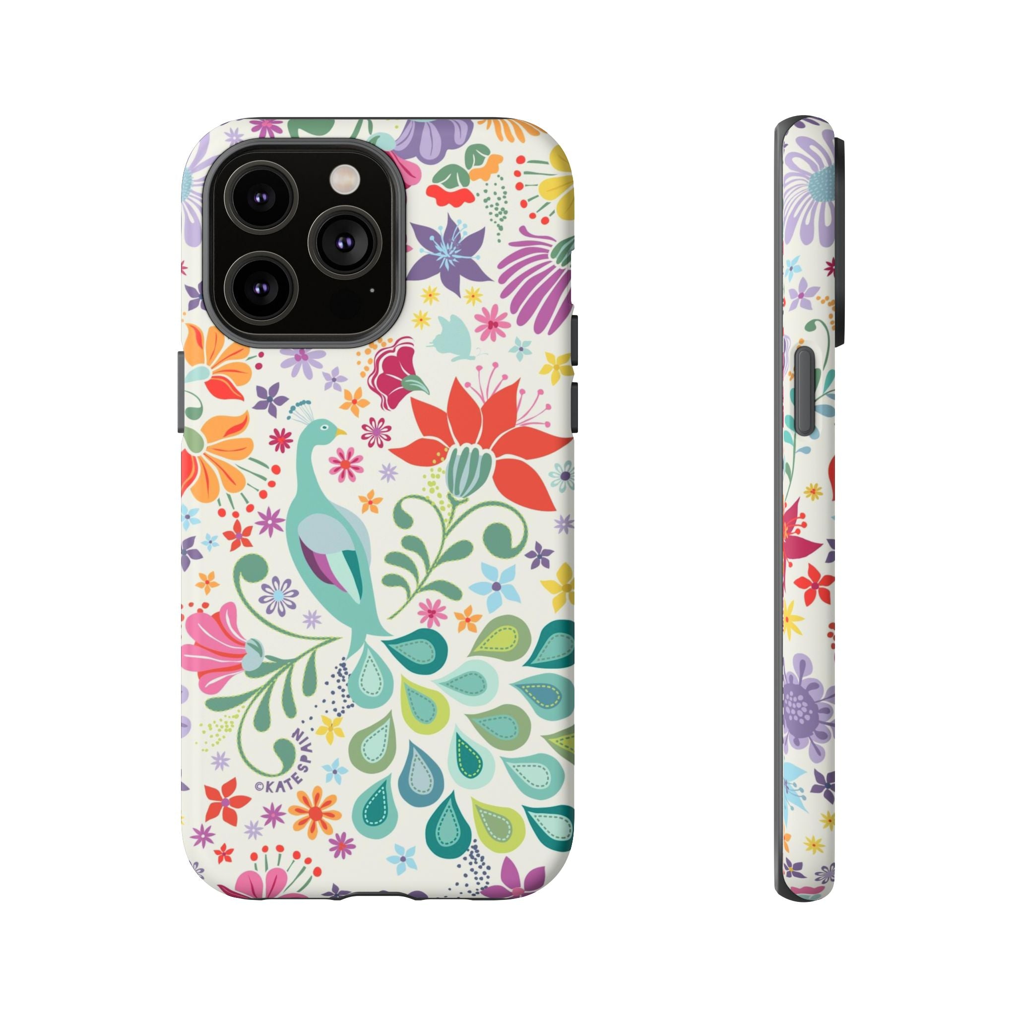 Peacock Sanctuary Tough iPhone 14 Pro Max Case – Matte | white, teal, coral multicolor vibrant peacock feather botanical print