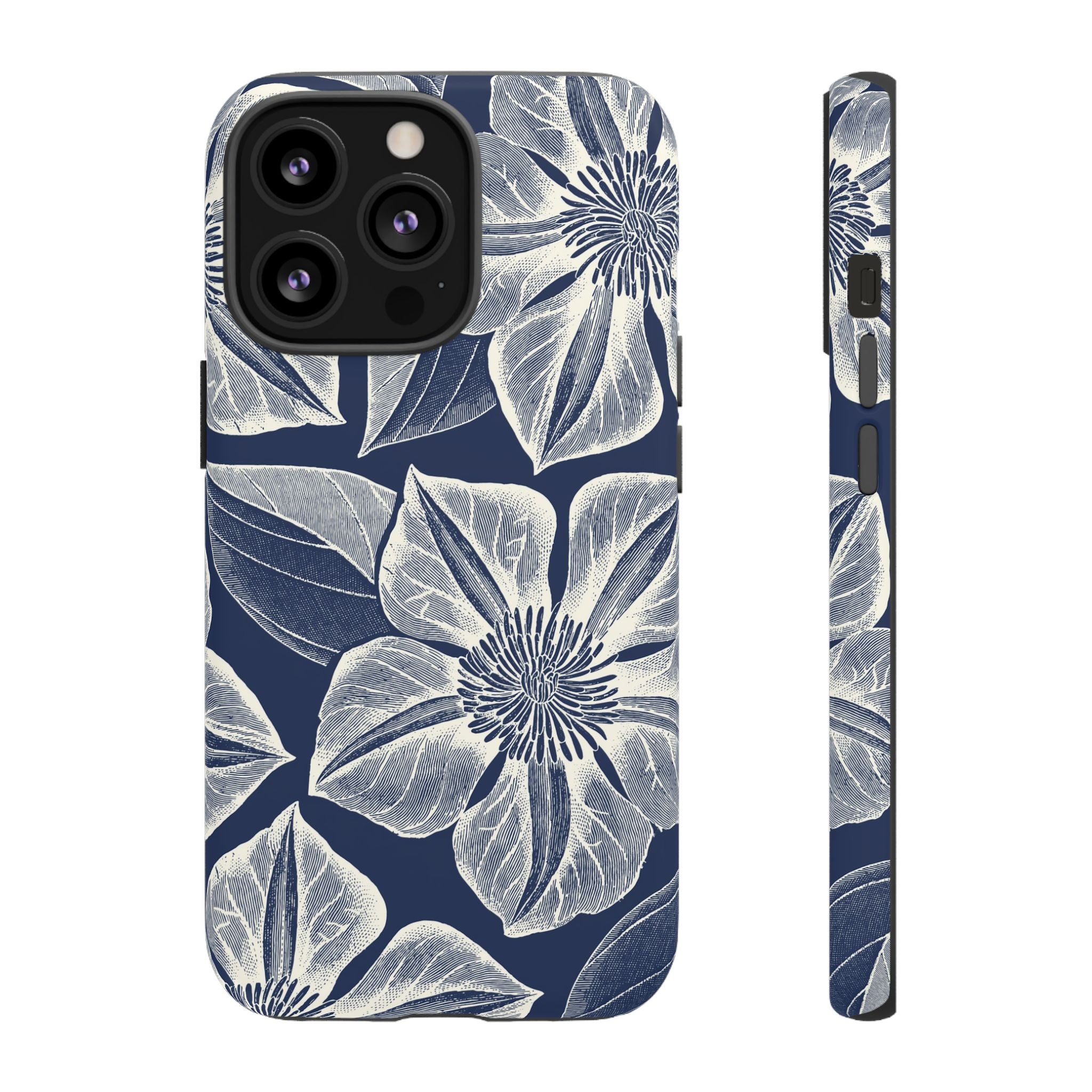 Vintage Bloom Navy iPhone 13 Pro case – Matte | navy ground, large-scale cream clematis print, engraved petal detail, dual-layer protection