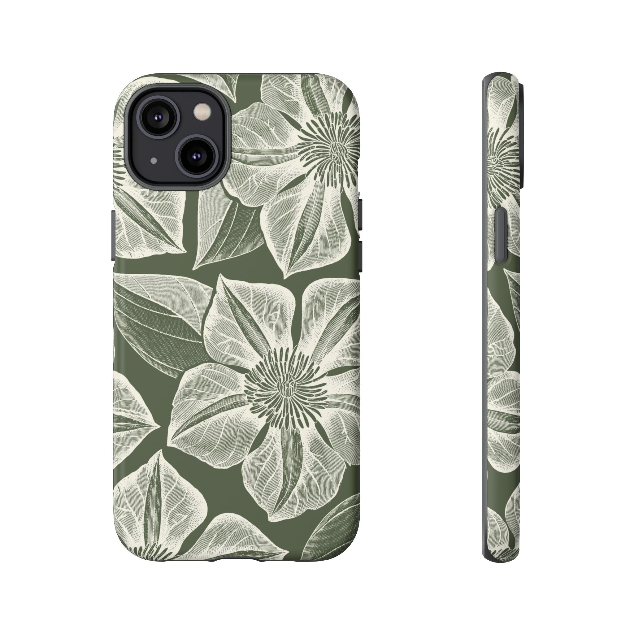 Vintage Bloom Cypress iPhone 14 Plus case – Matte | cypress green ground, large-scale white clematis print, engraved petal detail, dual-layer protection