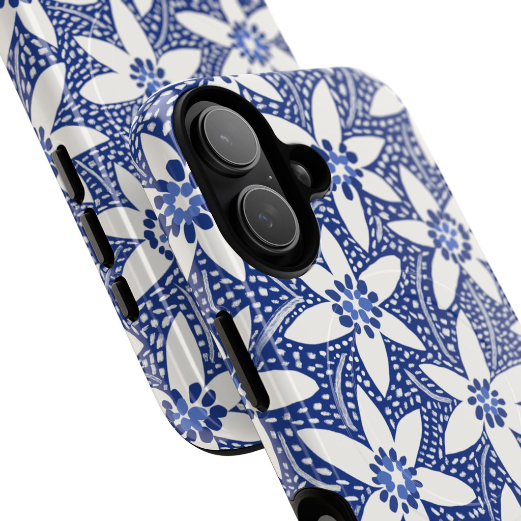 Starflower MagSafe iPhone 17 Case – angled view of camera cutout and buttons on case | navy, white geometric starflower print