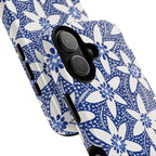 Starflower MagSafe iPhone 17 Case – angled view of camera cutout and buttons on case | navy, white geometric starflower print