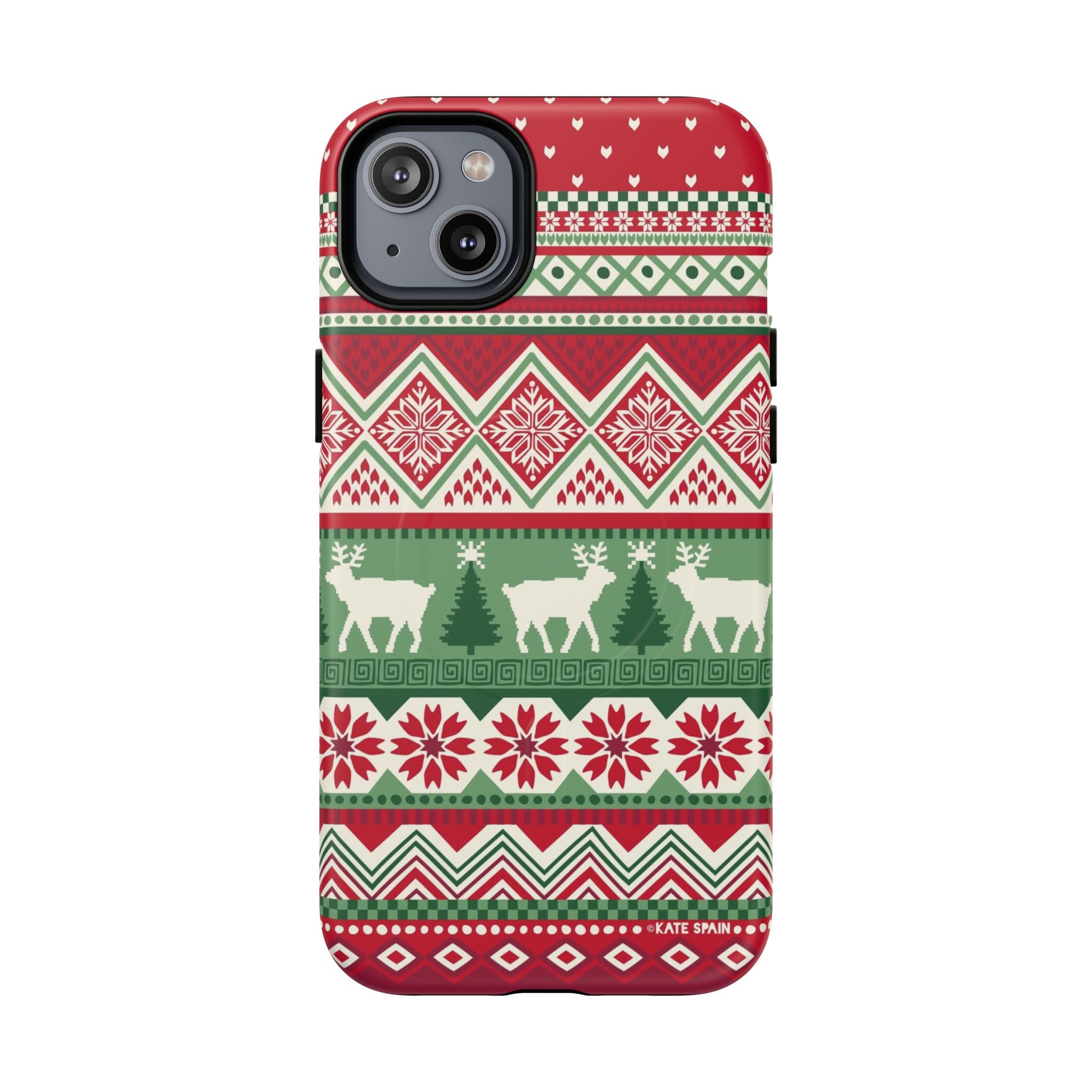 Telemark MagSafe iPhone 14 Plus Case – Matte | red, green, and cream fair isle Christmas sweater print with snowflakes, reindeer, and trees