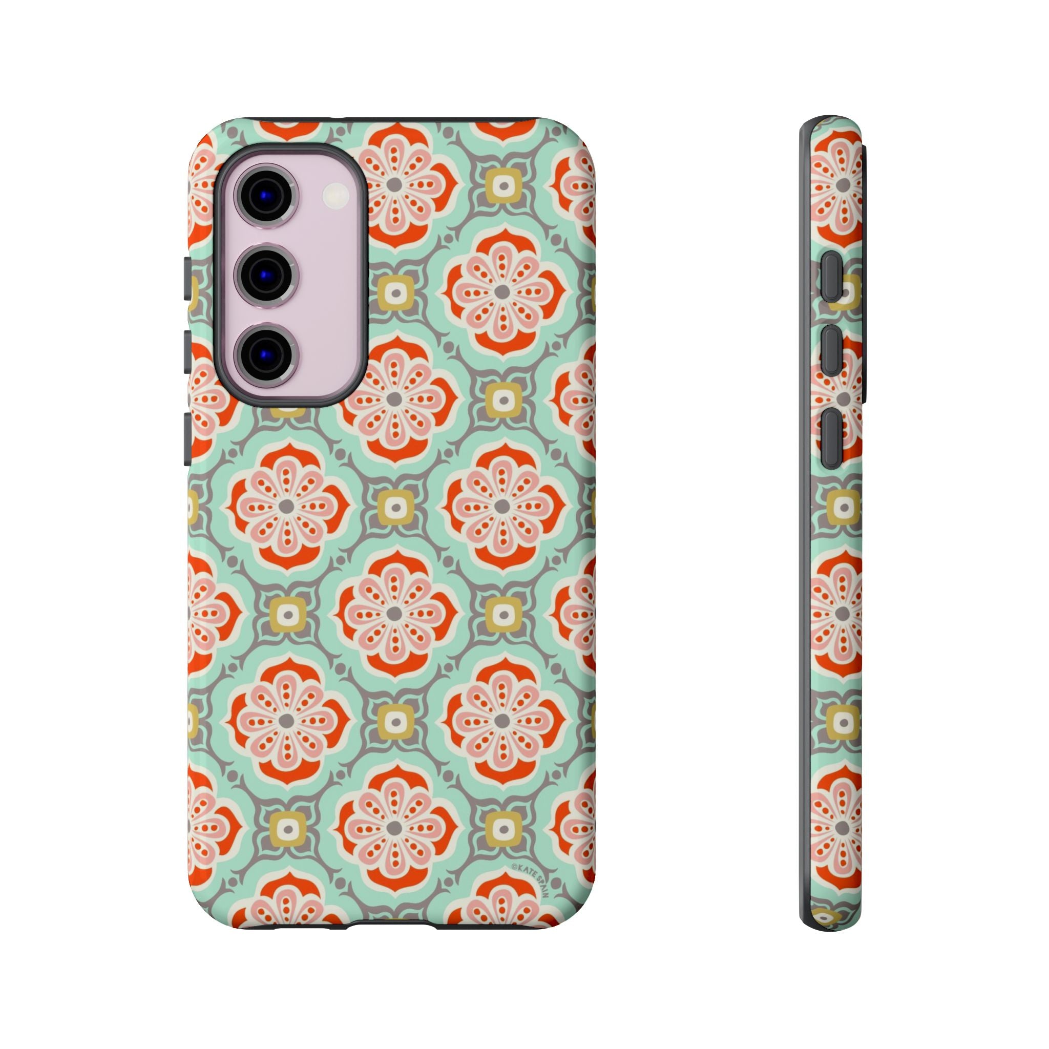 Luxury Alhambra Samsung Galaxy S23 Plus Case – Glossy | light turquoise, coral, cream geometric medallion tile print