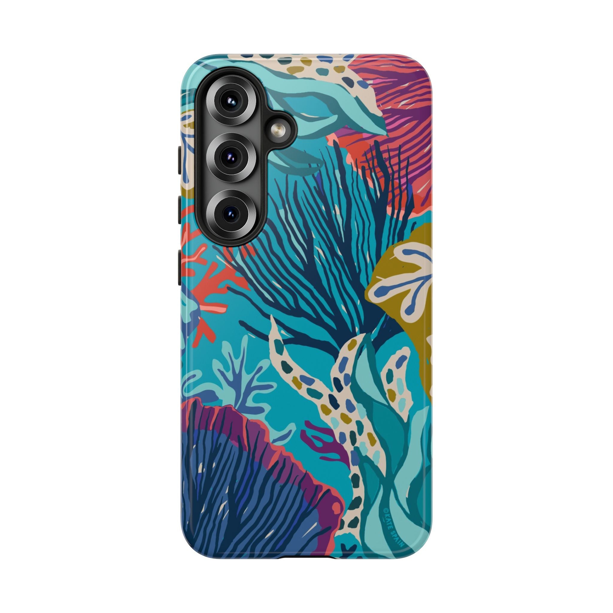 Luxury Reef Samsung Galaxy S25 Case – Glossy | teal, navy, magenta, olive coral reef print