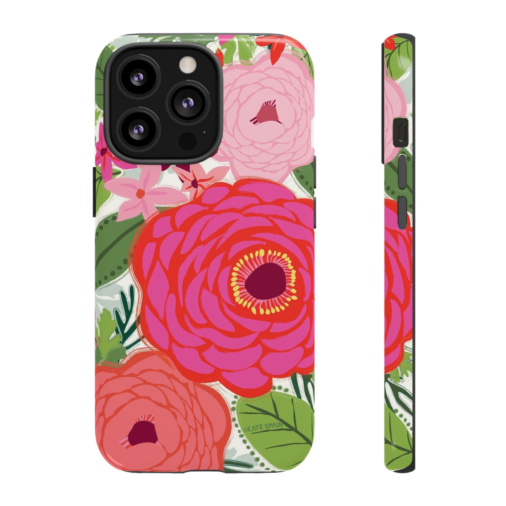 Bloomerie Tough iPhone 13 Pro Case – Glossy | cream, magenta, coral botanical peony floral print