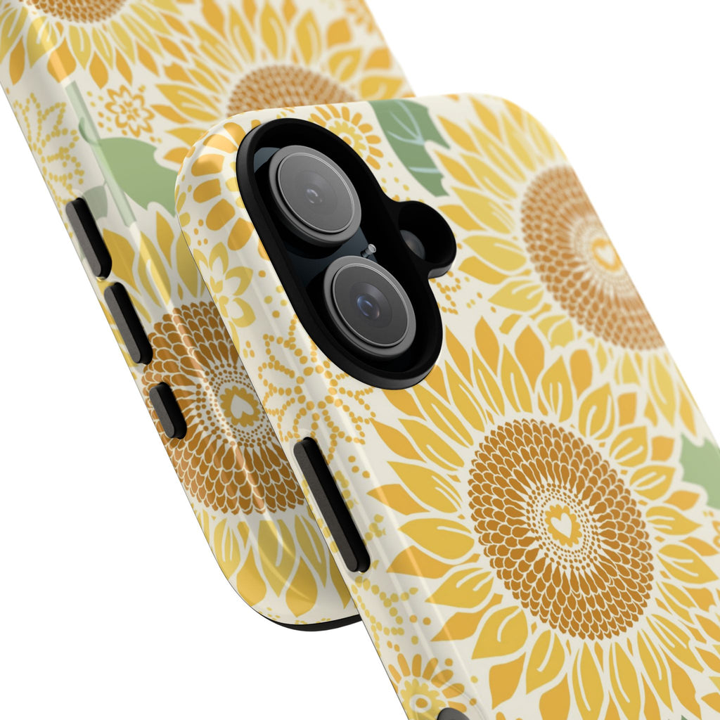 Sunny Sunflower iPhone 17 case – Glossy | cream ground, large-scale yellow sunflower print, angled view showing camera cutout and buttons, dual-layer protection