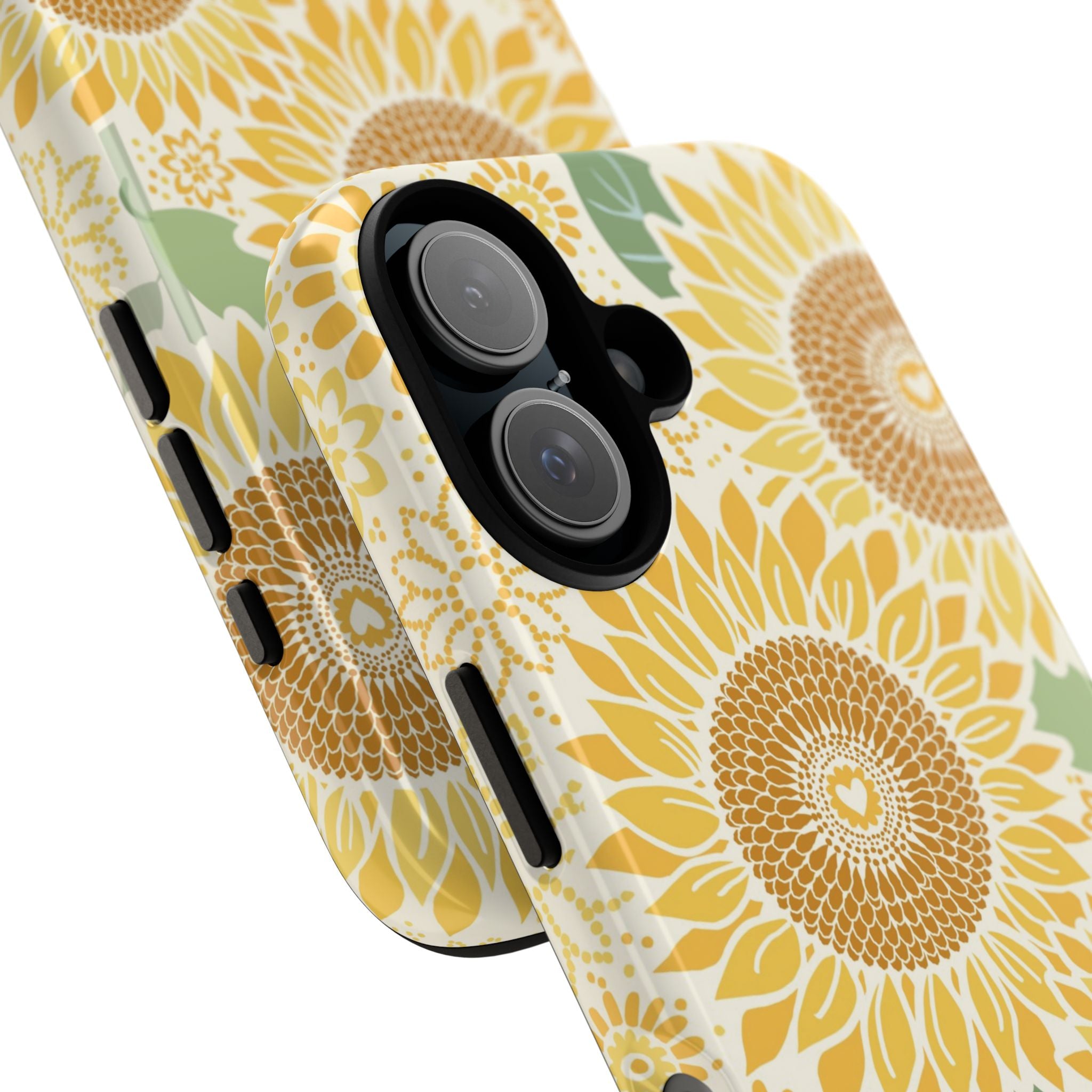 Sunny Sunflower iPhone 17 case – Glossy | cream ground, large-scale yellow sunflower print, angled view showing camera cutout and buttons, dual-layer protection