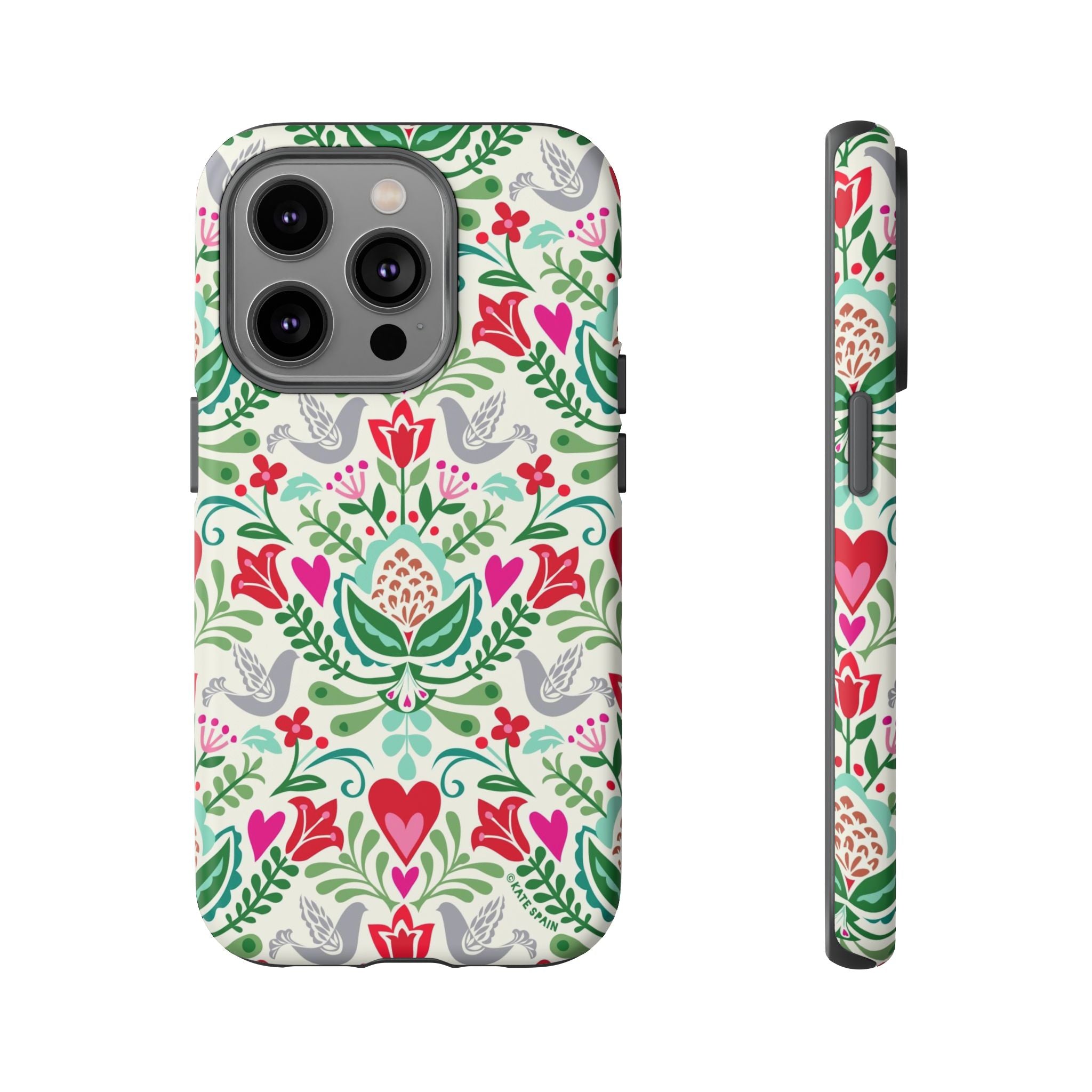 Rosemaling Tough iPhone 14 Pro Case – Matte | cream, red, pink, green, gray folk art floral bird print