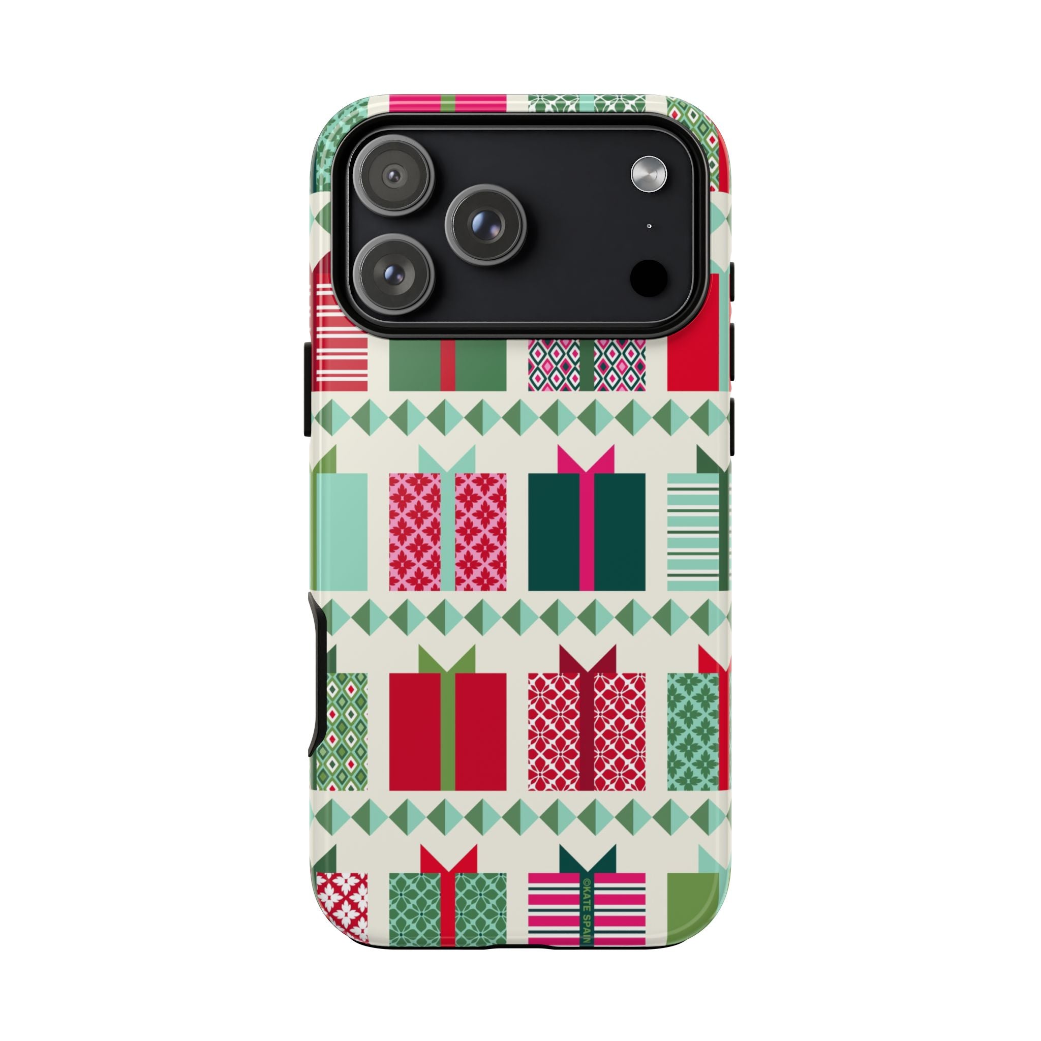 All Wrapped Up Tough iPhone 17 Pro Max Case – Glossy | cream, red, pink, green, mint geometric gift wrap holiday print