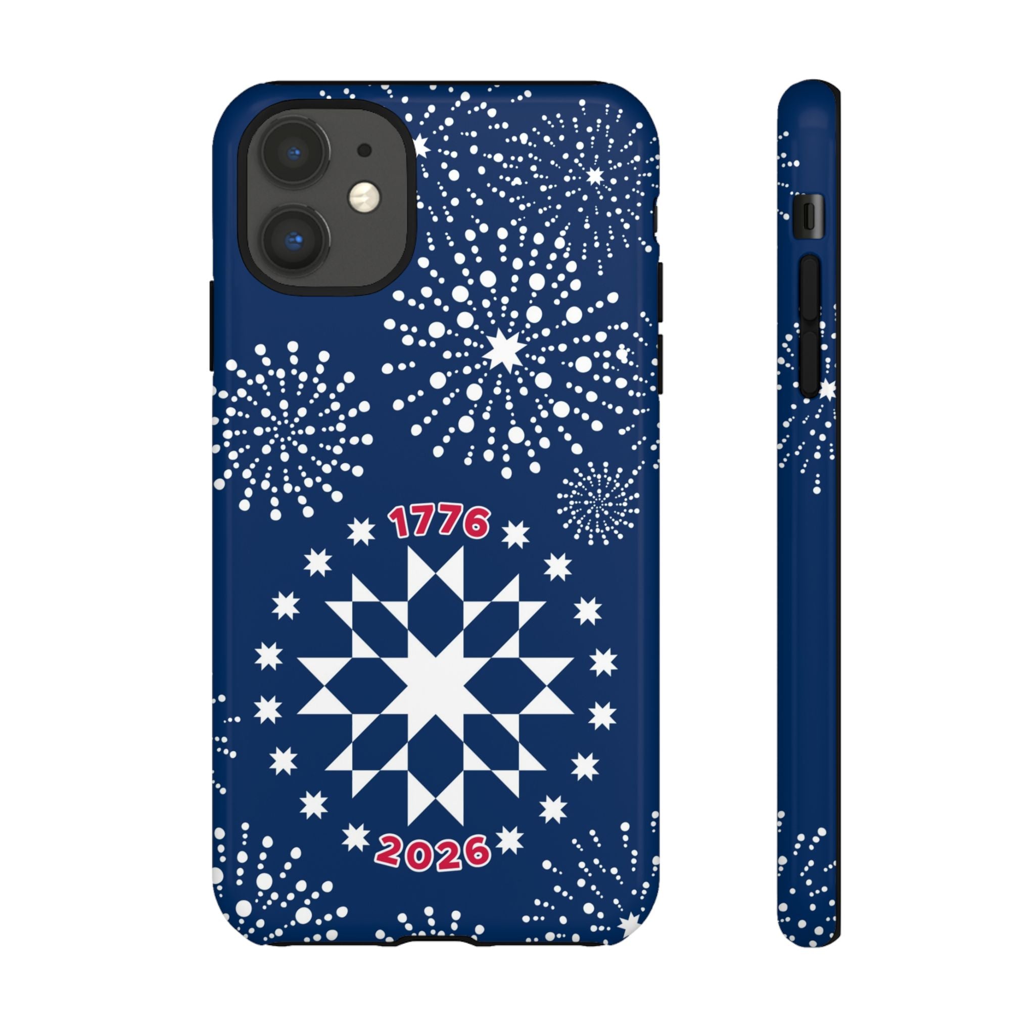 250th Fireworks Tough iPhone 11 Case – Glossy | navy, white patriotic star quilt fireworks print