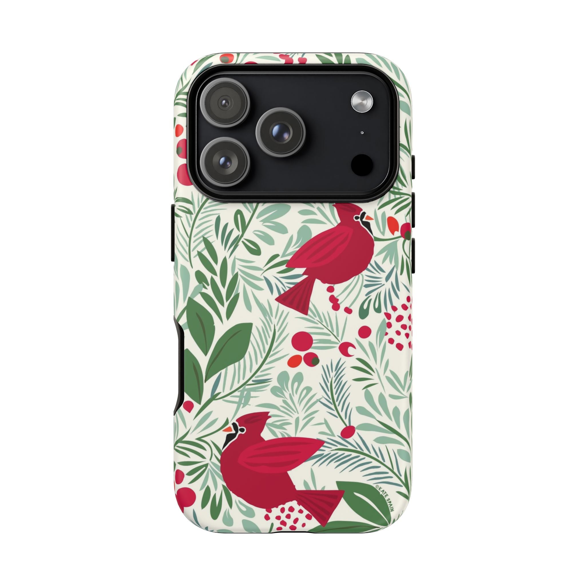 Birds and Berries Tough iPhone 17 Pro Case – Matte | cream, red, green botanical cardinal berry print