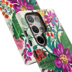 Tropical Posy Samsung Galaxy S24 Ultra Case – Glossy | 5 camera lenses on phone in protective case in white, magenta, yellow, purple vibrant botanical floral print