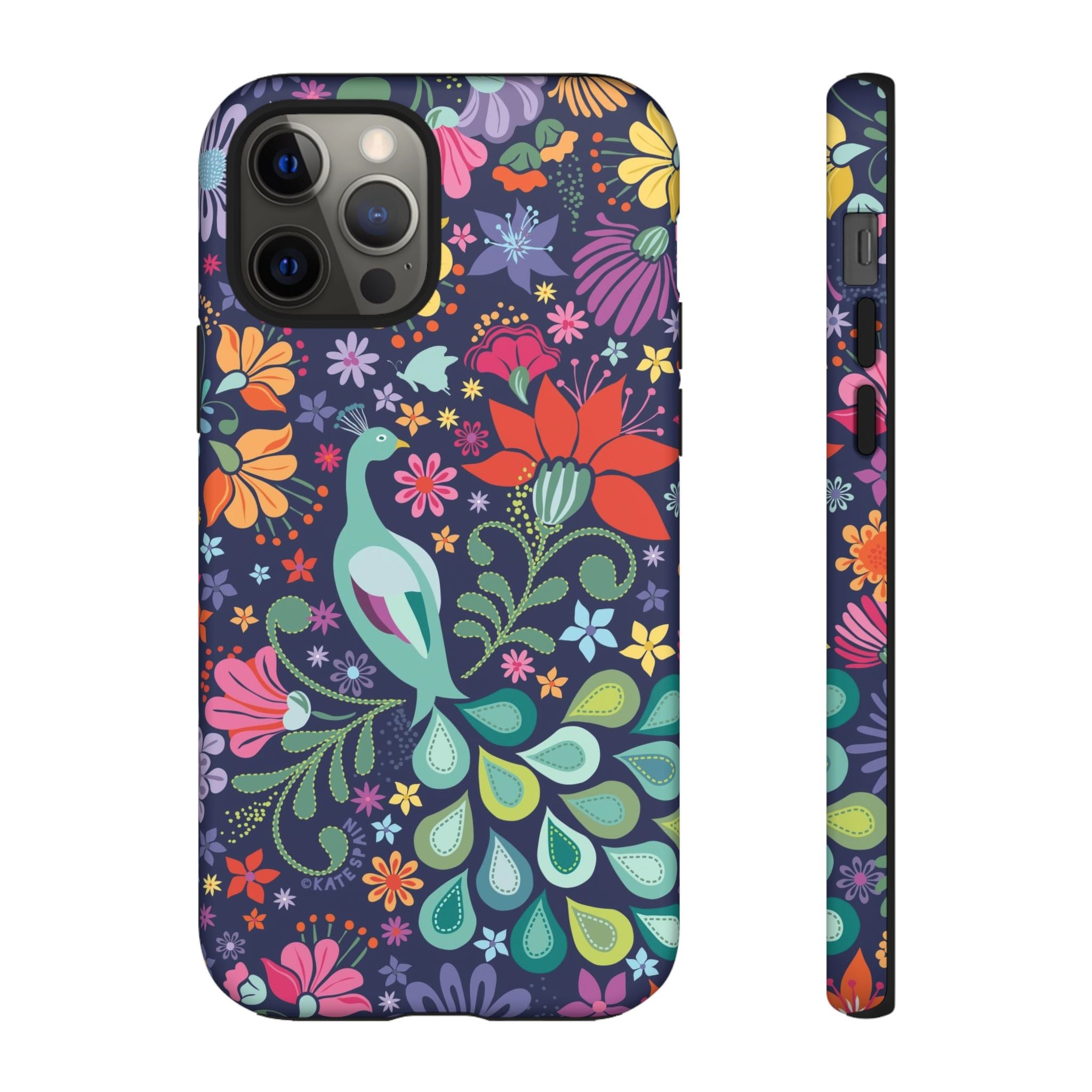 Peacock Sanctuary Tough iPhone 12 Pro Case – Matte | navy, teal, coral multicolor vibrant peacock feather botanical print