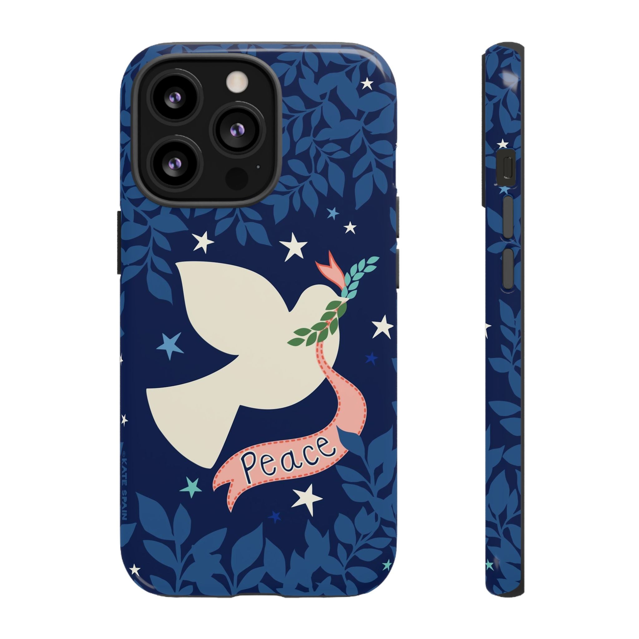 Peace Tough iPhone 13 Pro Case – Glossy | navy, cream peace dove, stars, botanical print