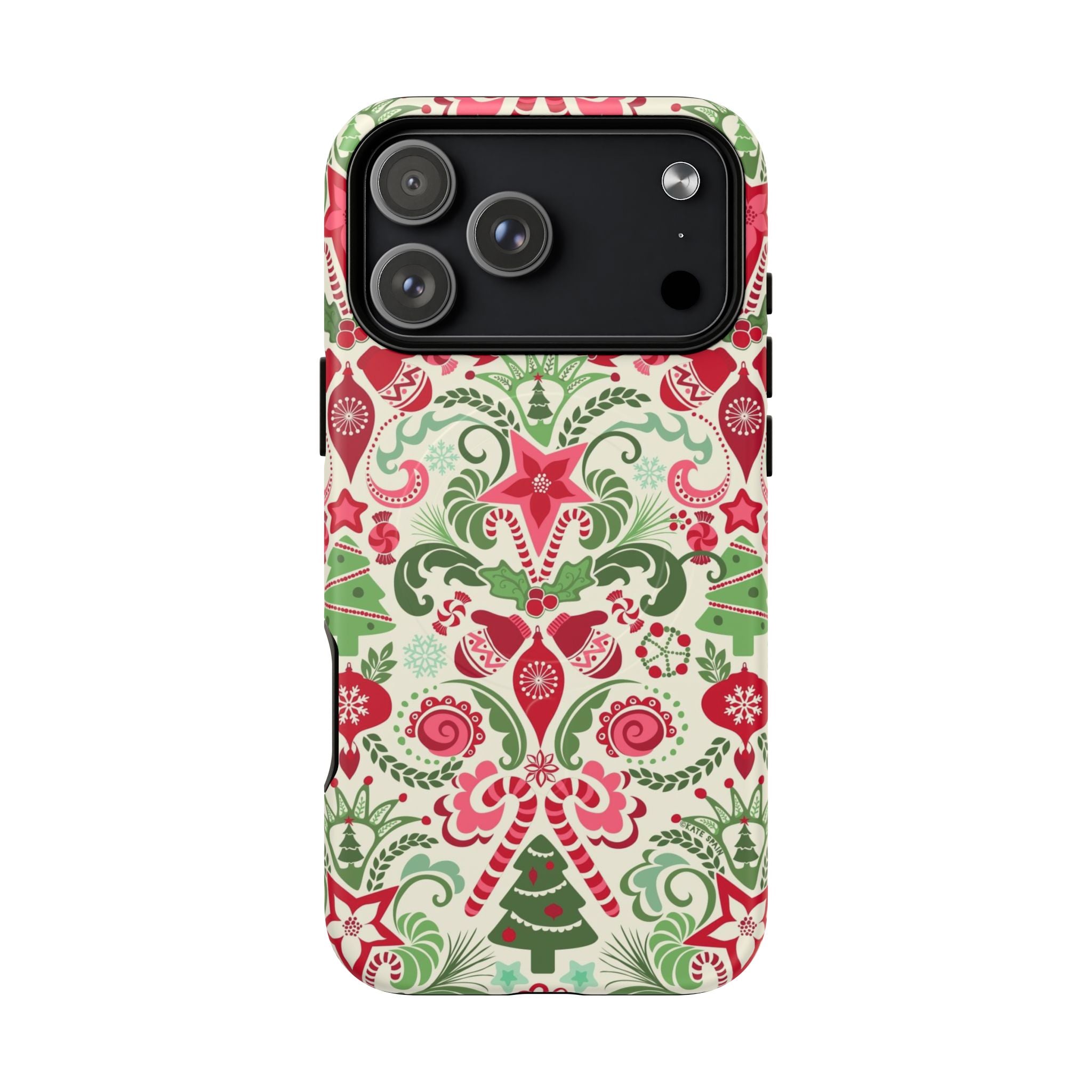 Wonderland MagSafe iPhone 17 Pro Max Case – Matte | cream, red, and green Christmas holiday medallion print with ornaments, candy canes, trees, and stars