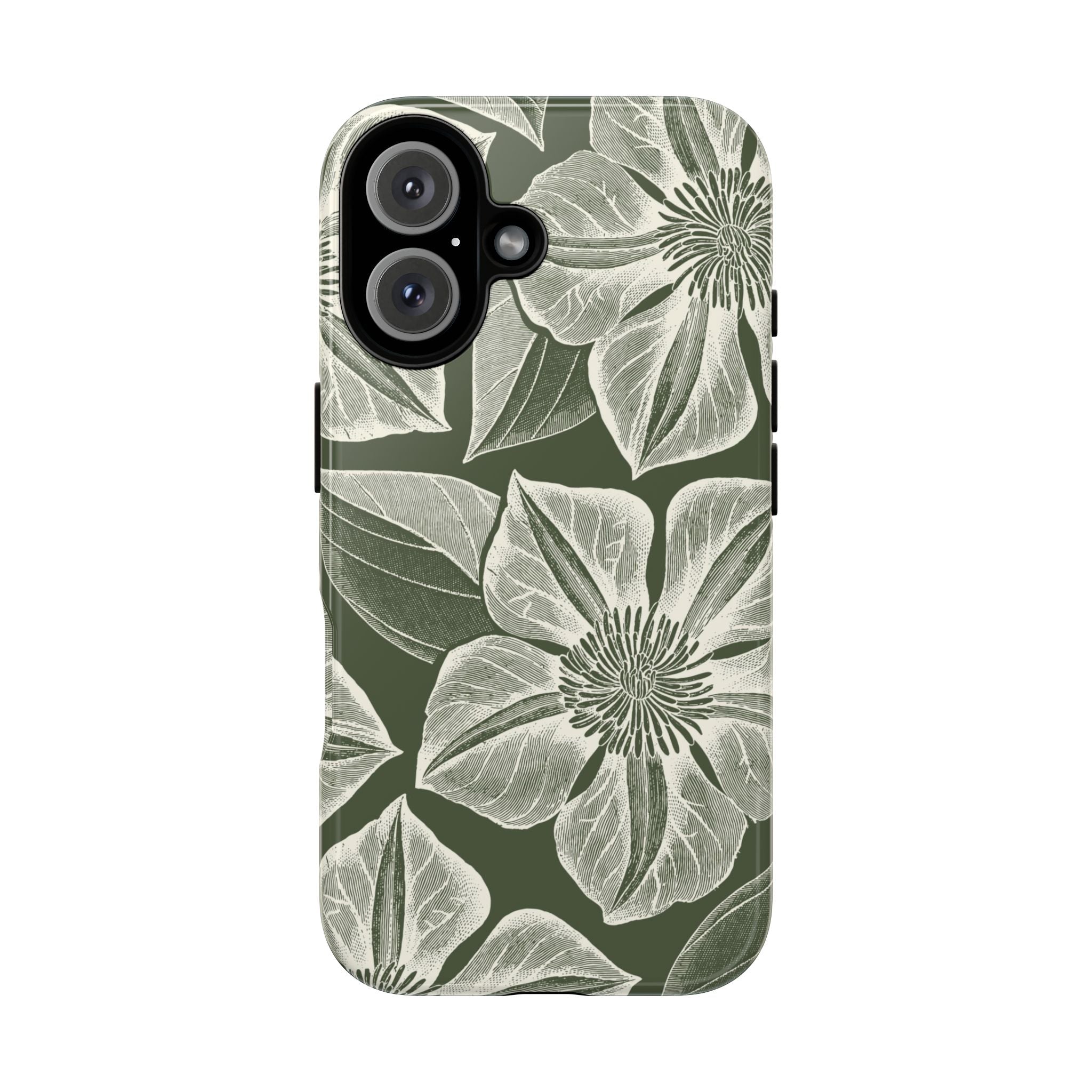 Vintage Bloom Cypress iPhone 16 case – Glossy | cypress green ground, large-scale white clematis print, engraved petal detail, dual-layer protection