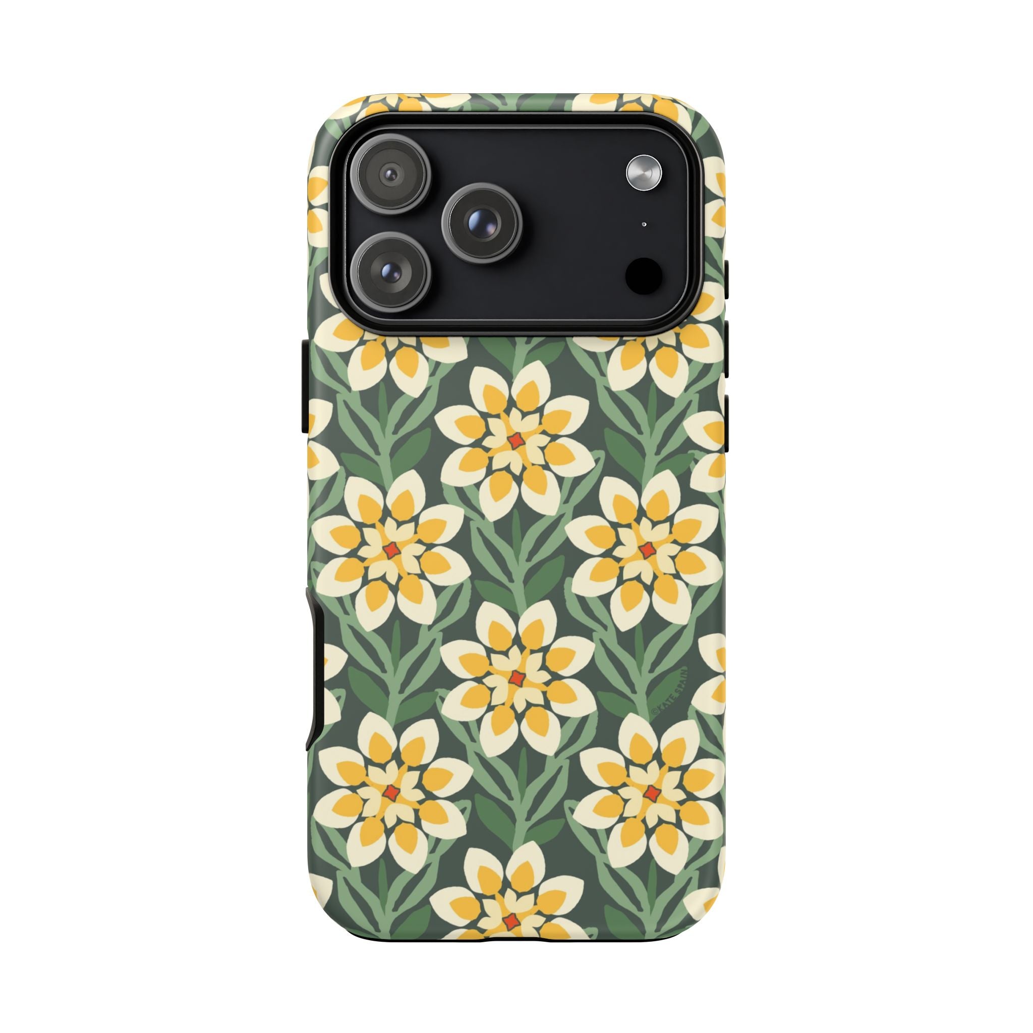 Designer Modern Dahlia Tough iPhone 17 Pro Max Case – Matte | yellow, cream, green dahlia floral print