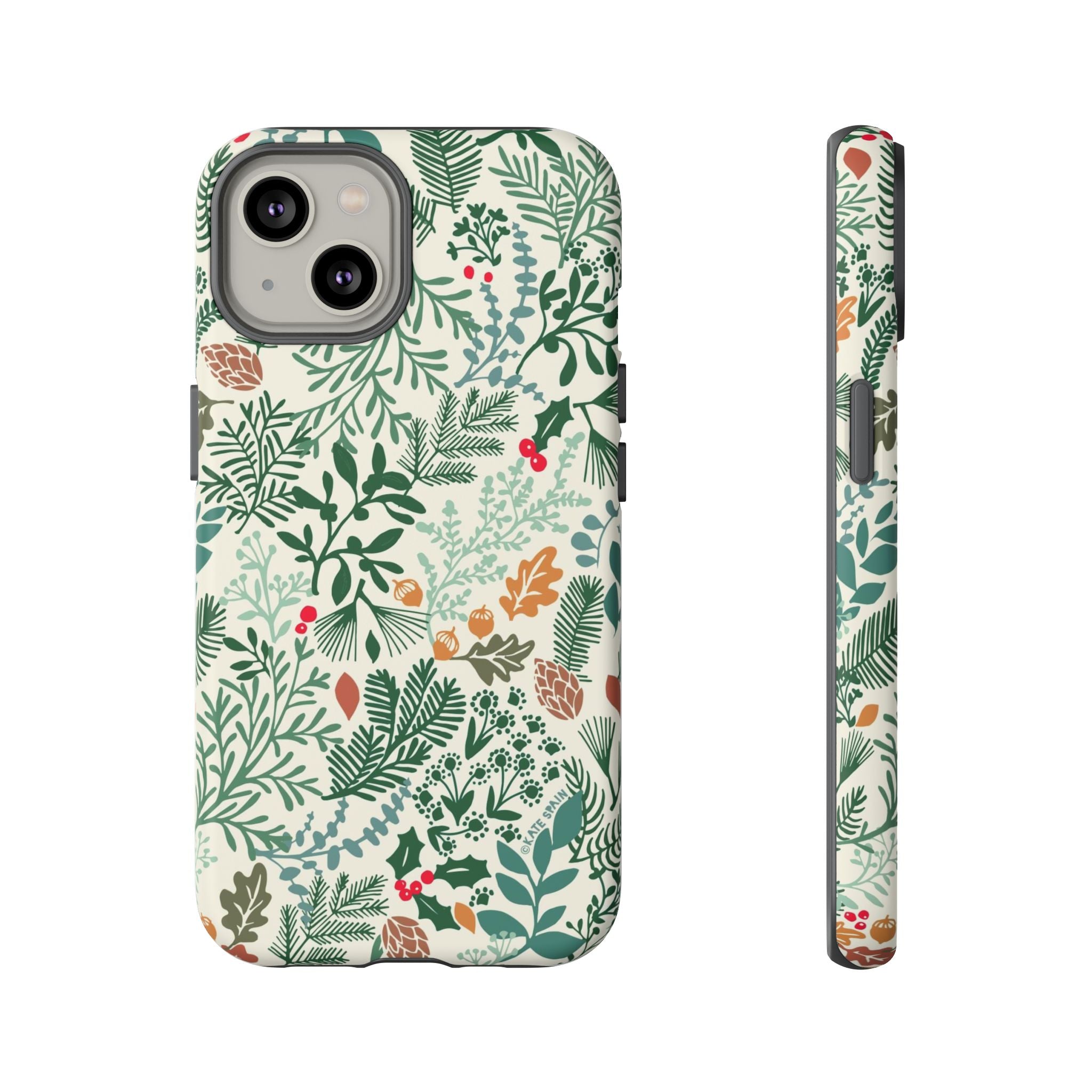 Juniper Tough iPhone 14 Case – Matte | cream, green, red botanical woodland print