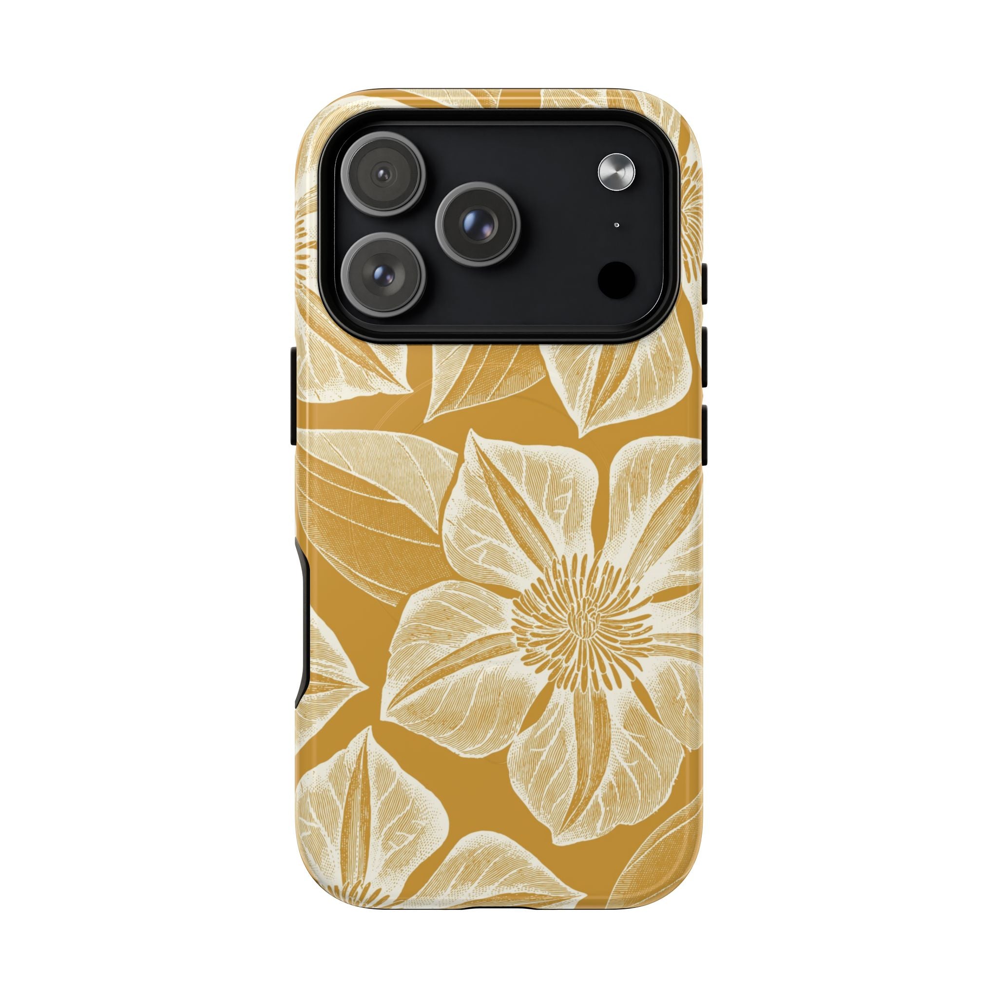 Vintage Bloom Gold MagSafe iPhone 17 Pro Case – Glossy | warm gold ground, large-scale cream clematis print, engraved petal detail, dual-layer protection