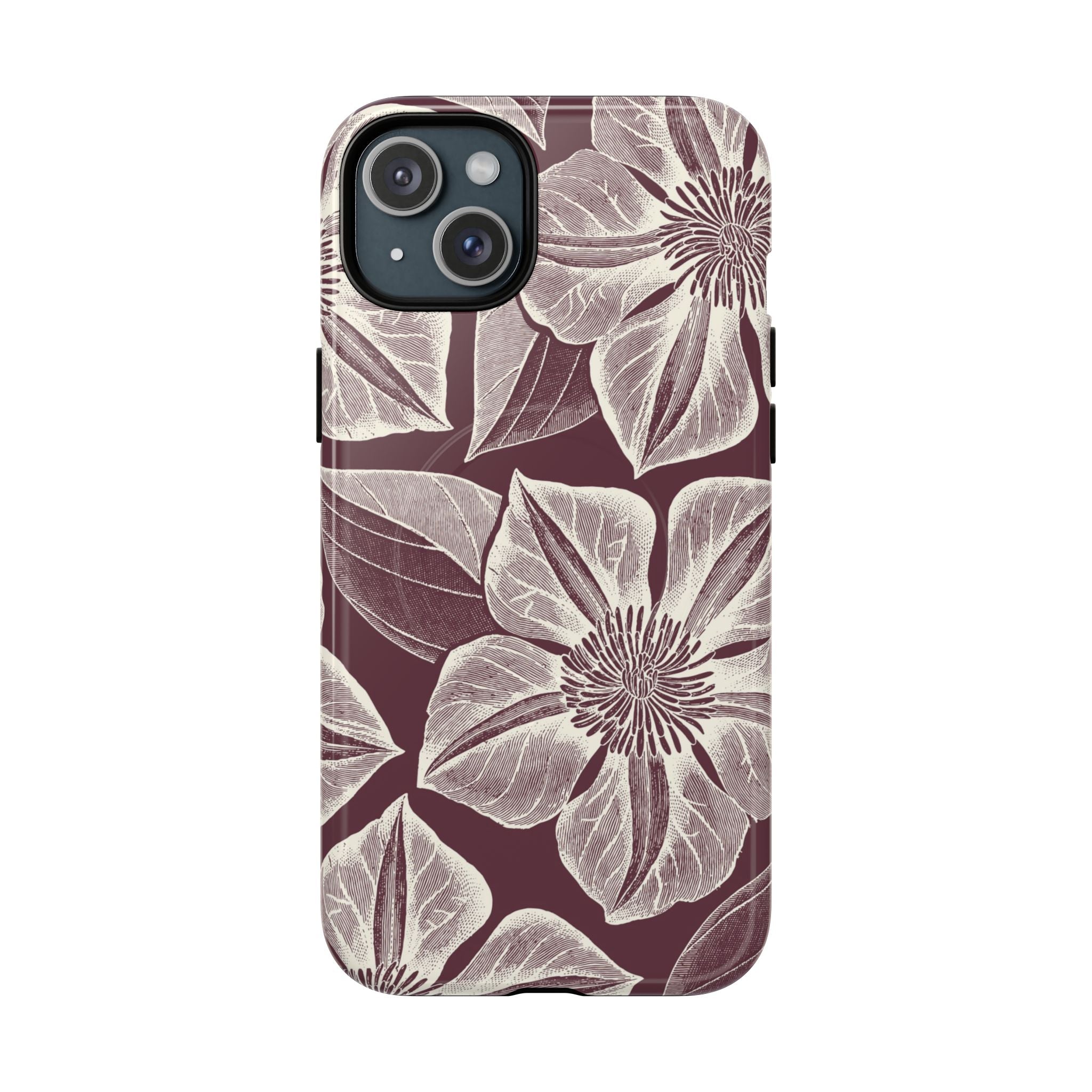 Vintage Bloom Burgundy MagSafe iPhone 15 Pro Case – Matte | burgundy ground, large-scale cream clematis print, engraved petal detail, dual-layer protection