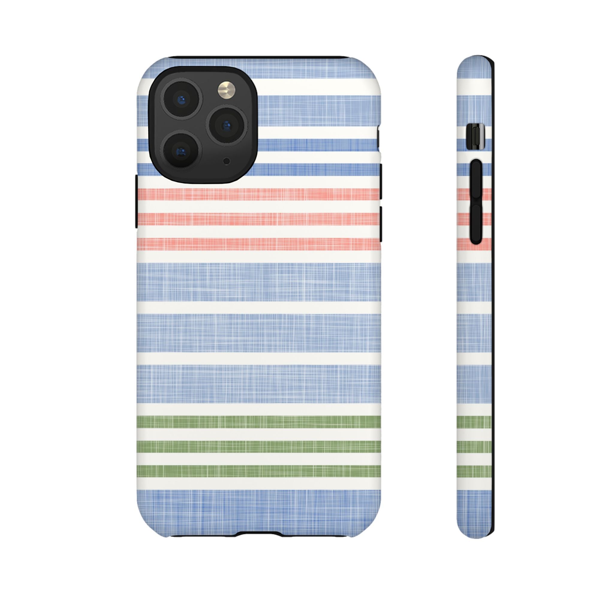 Cabana Stripe Pastel Tough iPhone 11 Pro Case – Matte | soft blue, coral, sage green chambray-textured stripe print dual-layer protection