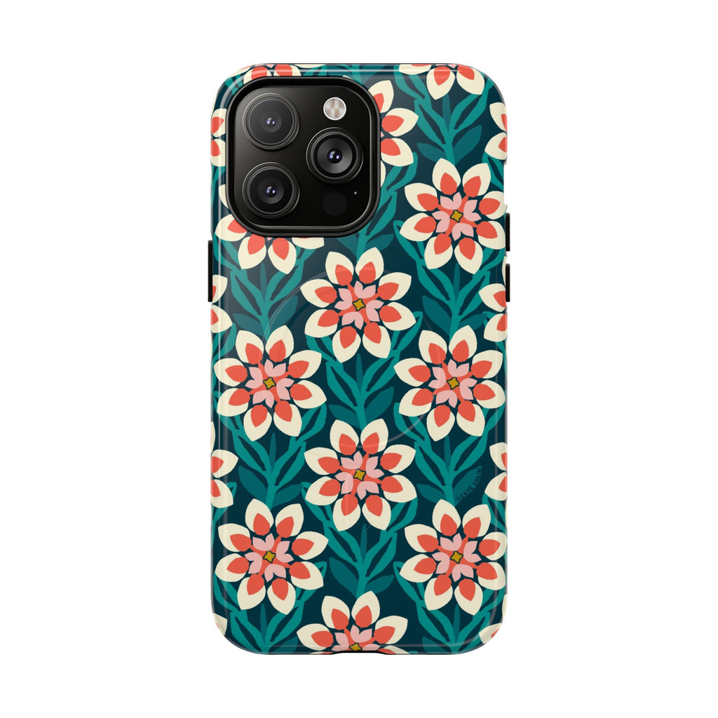 Modern Dahlia MagSafe iPhone 14 Pro Max Case – Glossy | teal, coral, cream botanical dahlia floral print