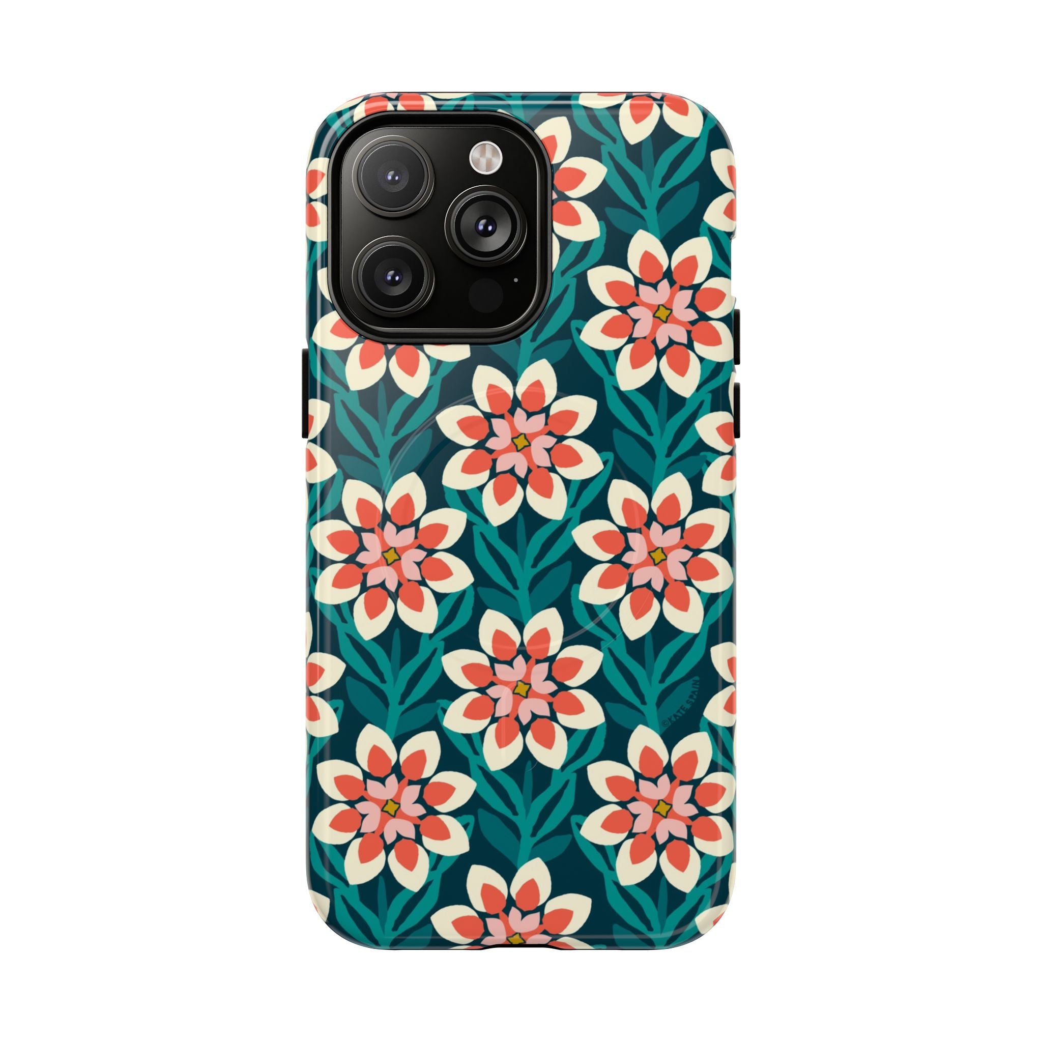 Modern Dahlia MagSafe iPhone 14 Pro Max Case – Glossy | teal, coral, cream botanical dahlia floral print