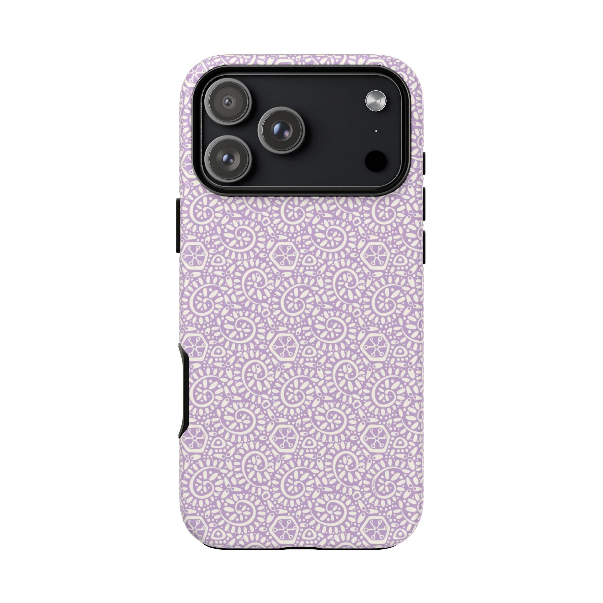 Canto Swirls Lavender iPhone 17 Pro Max Matte Case — lavender hard case covered in an intricate folk-art medallion pattern of radiating circular motifs, dot clusters, and geometric centers