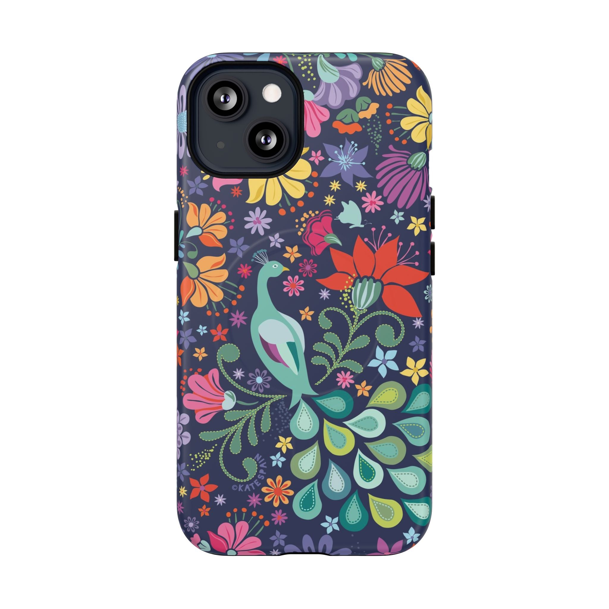 Peacock Sanctuary MagSafe iPhone 13 Case – Matte | navy, teal, coral multicolor vibrant peacock feather botanical print