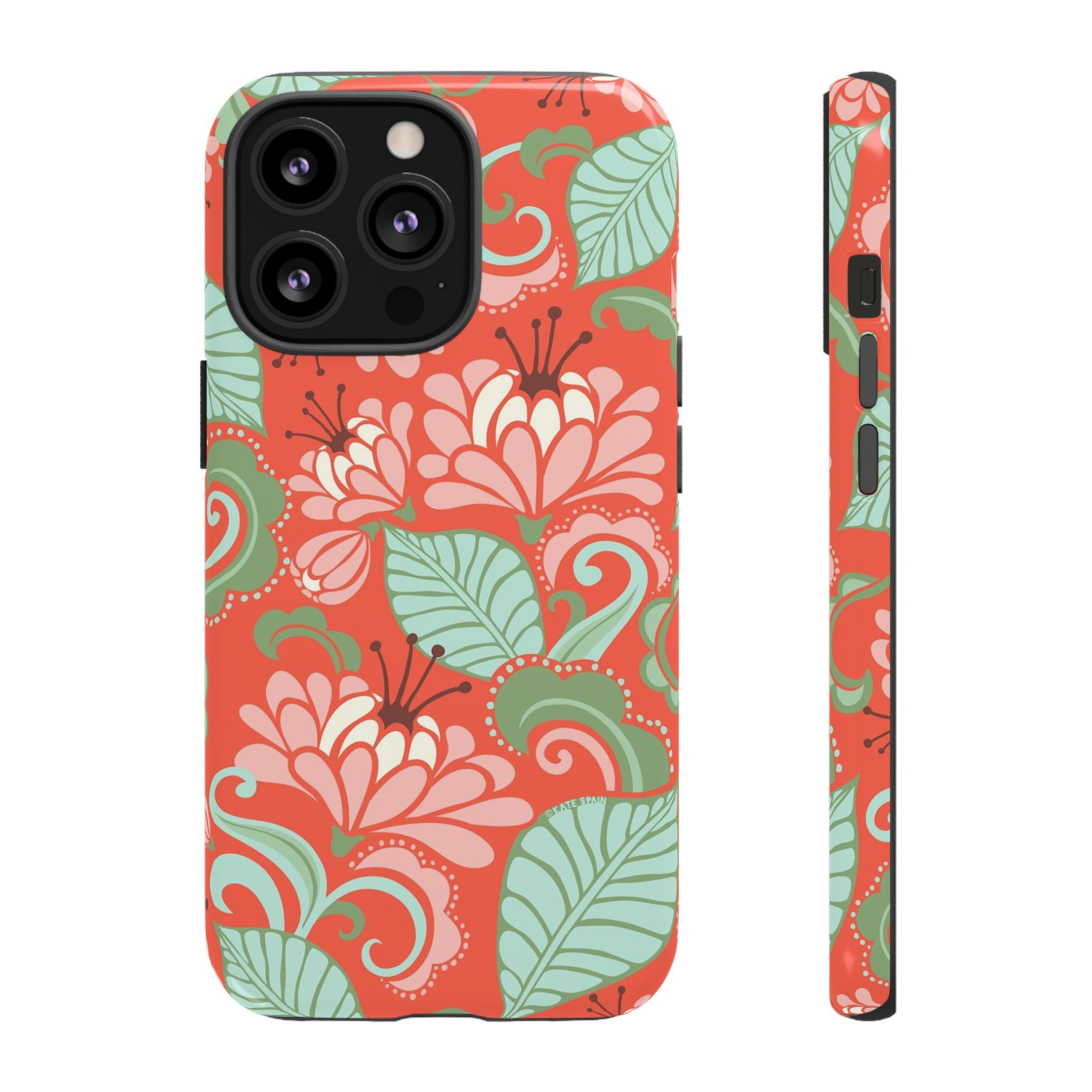 Sarabande Tough iPhone 13 Pro Case – Glossy | coral, pink, cream, green botanical floral print
