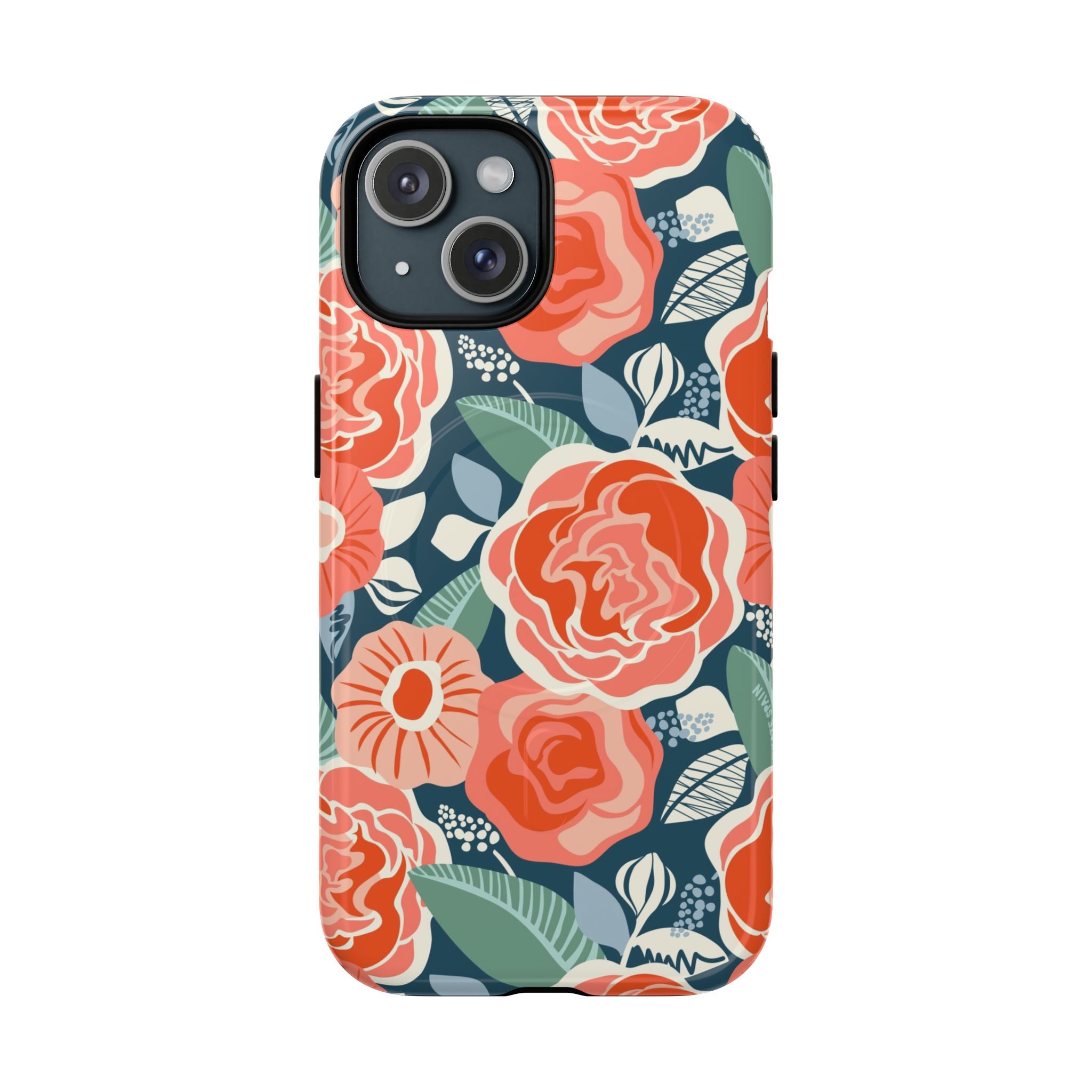 Luxury Tea Rose Navy MagSafe iPhone 15 Case – Glossy | navy, coral, peach botanical rose floral print