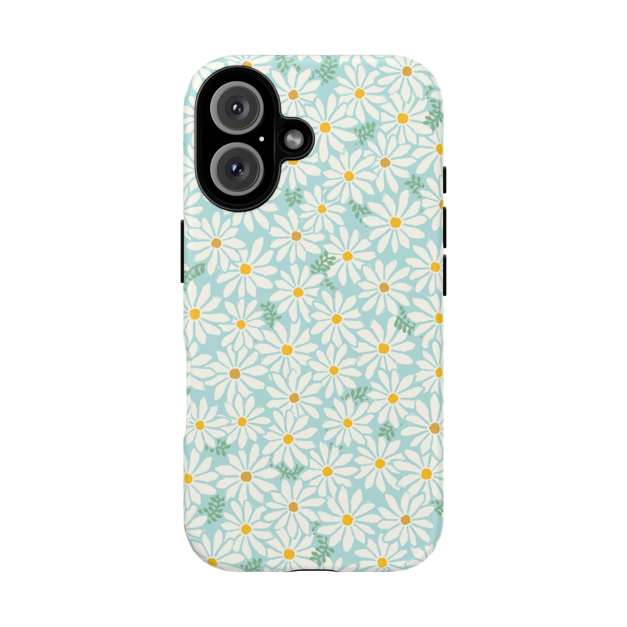 Daisies Tough iPhone 16 Case – Glossy | sky blue, white daisy print, golden yellow centers, mint green leaves dual-layer protection