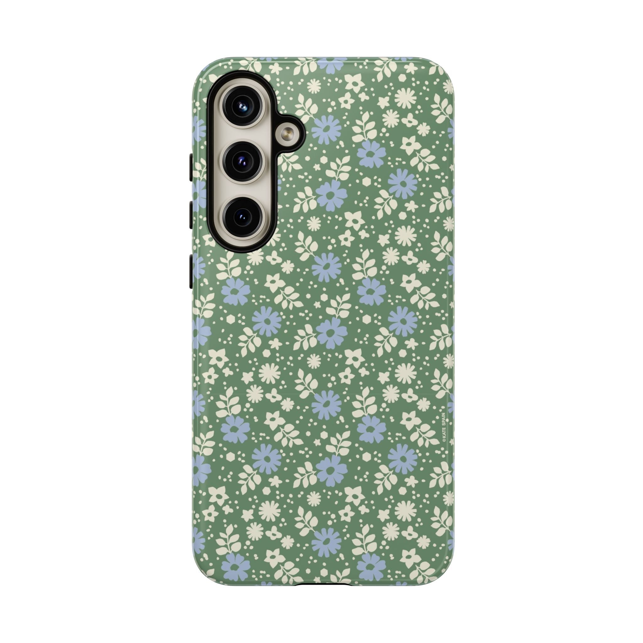 Cottage Core Cute Petaline Samsung Galaxy S24 Plus Case – Glossy | green background with white and blue ditsy florals