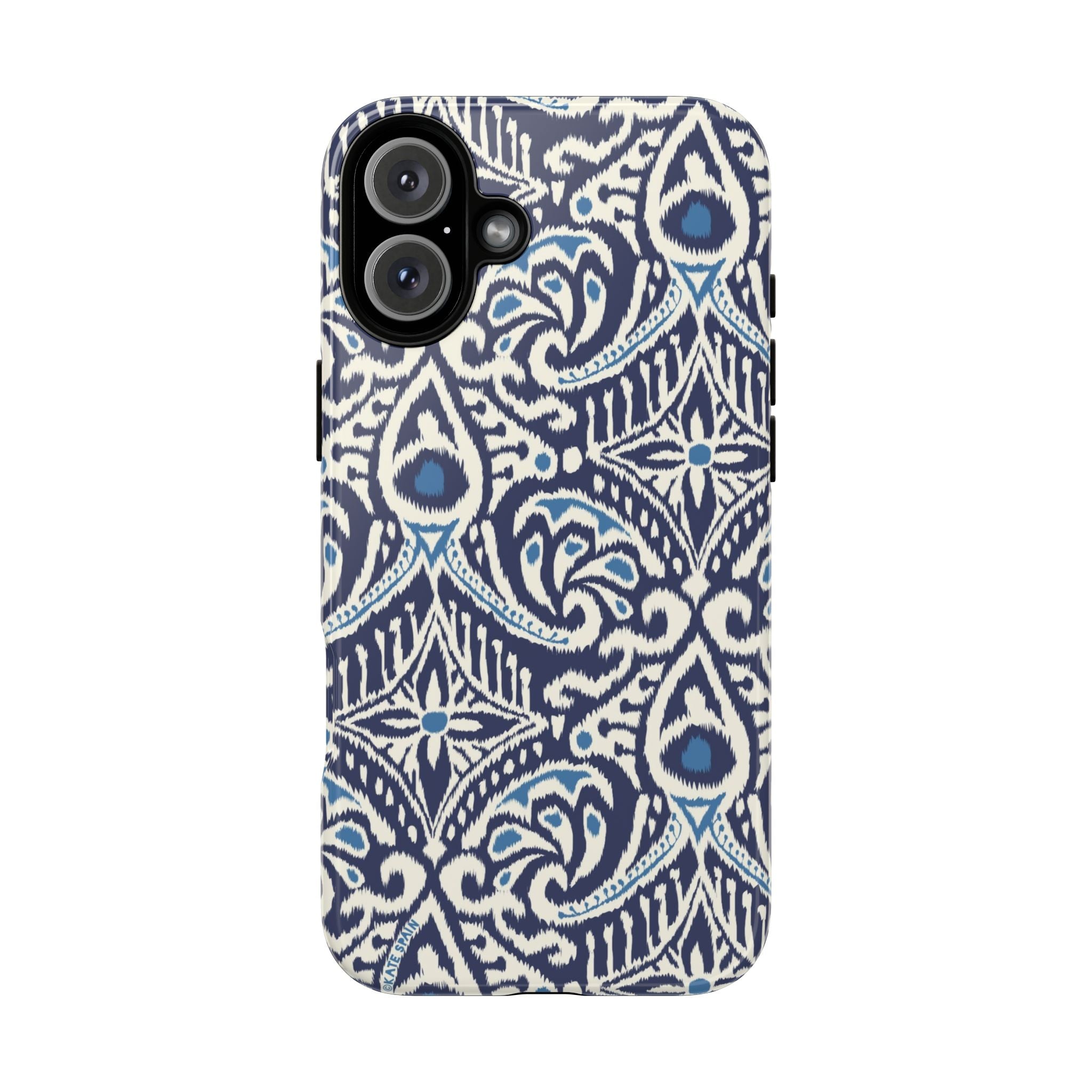 Ikat Tough iPhone 16 Plus Case – Glossy | navy, cream, blue ikat medallion print